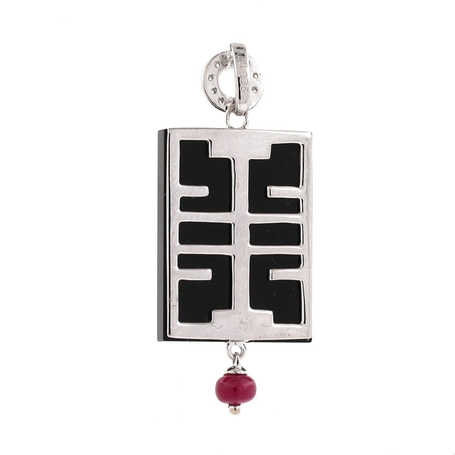 Black Onyx Diamond Ruby Pendant White Gold Rectangle 1.75" Vintage Unisex