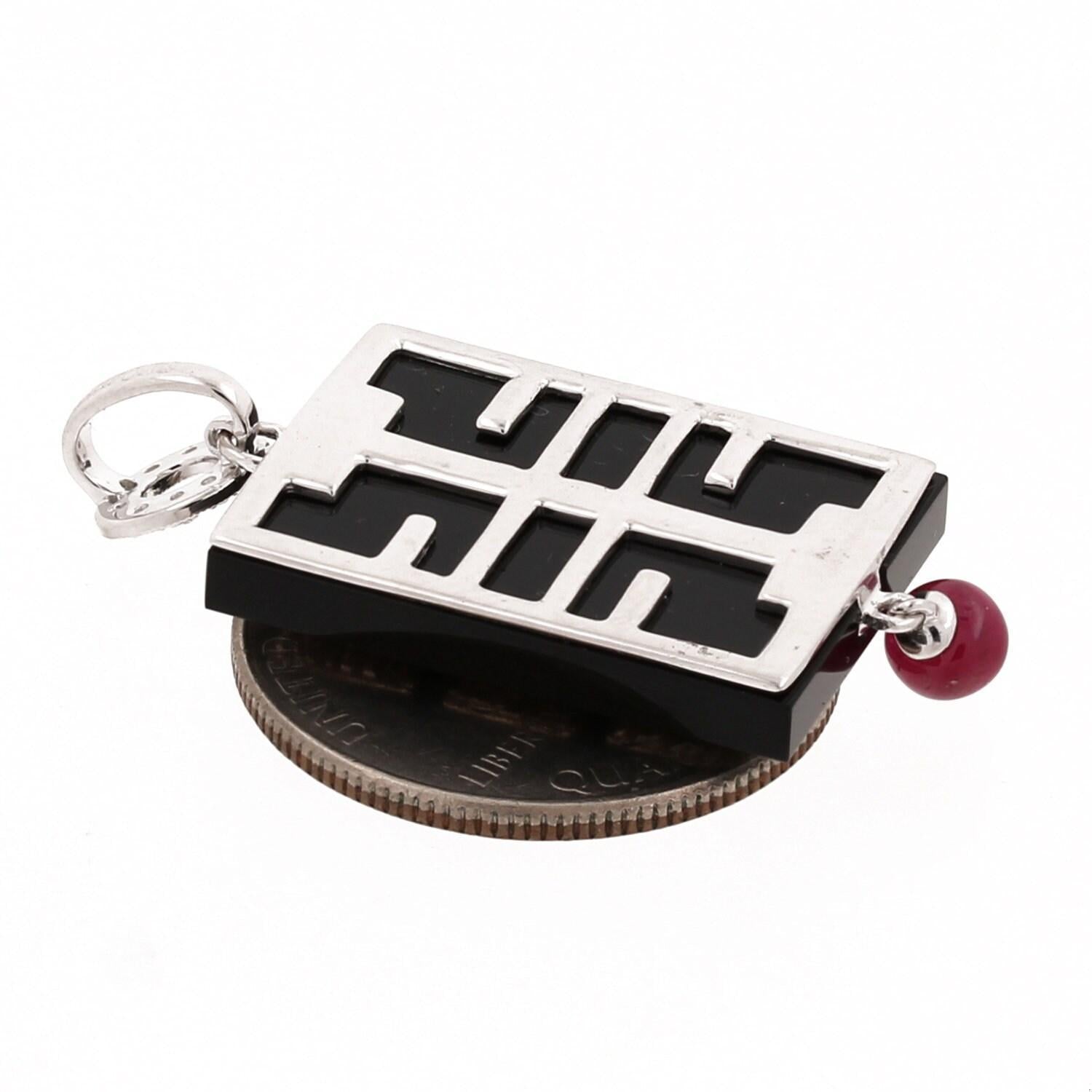 Black Onyx Diamond Ruby Pendant White Gold Rectangle 1.75" Vintage Unisex