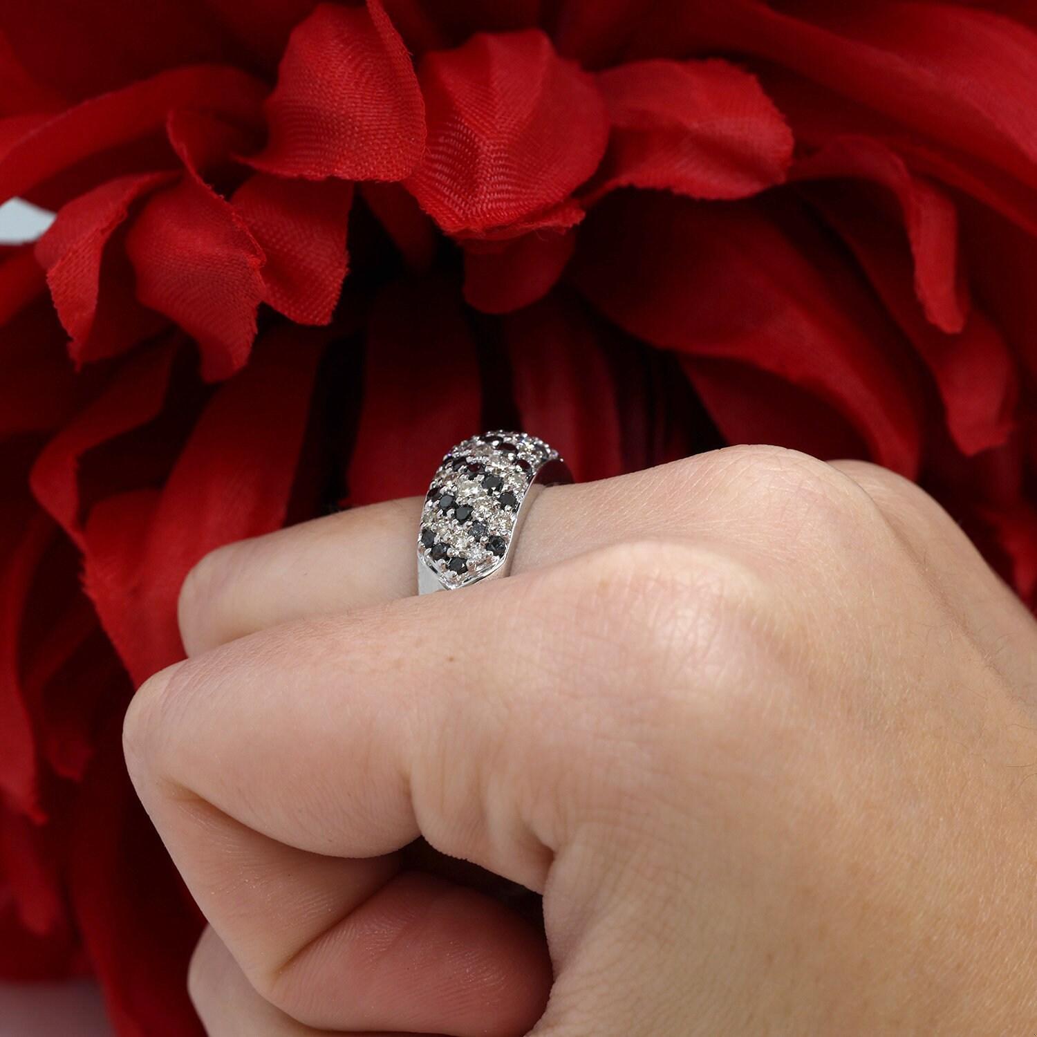 Black and White Diamond Band Ring 14K White Gold 1.59 CTW Size 7.5 Estate