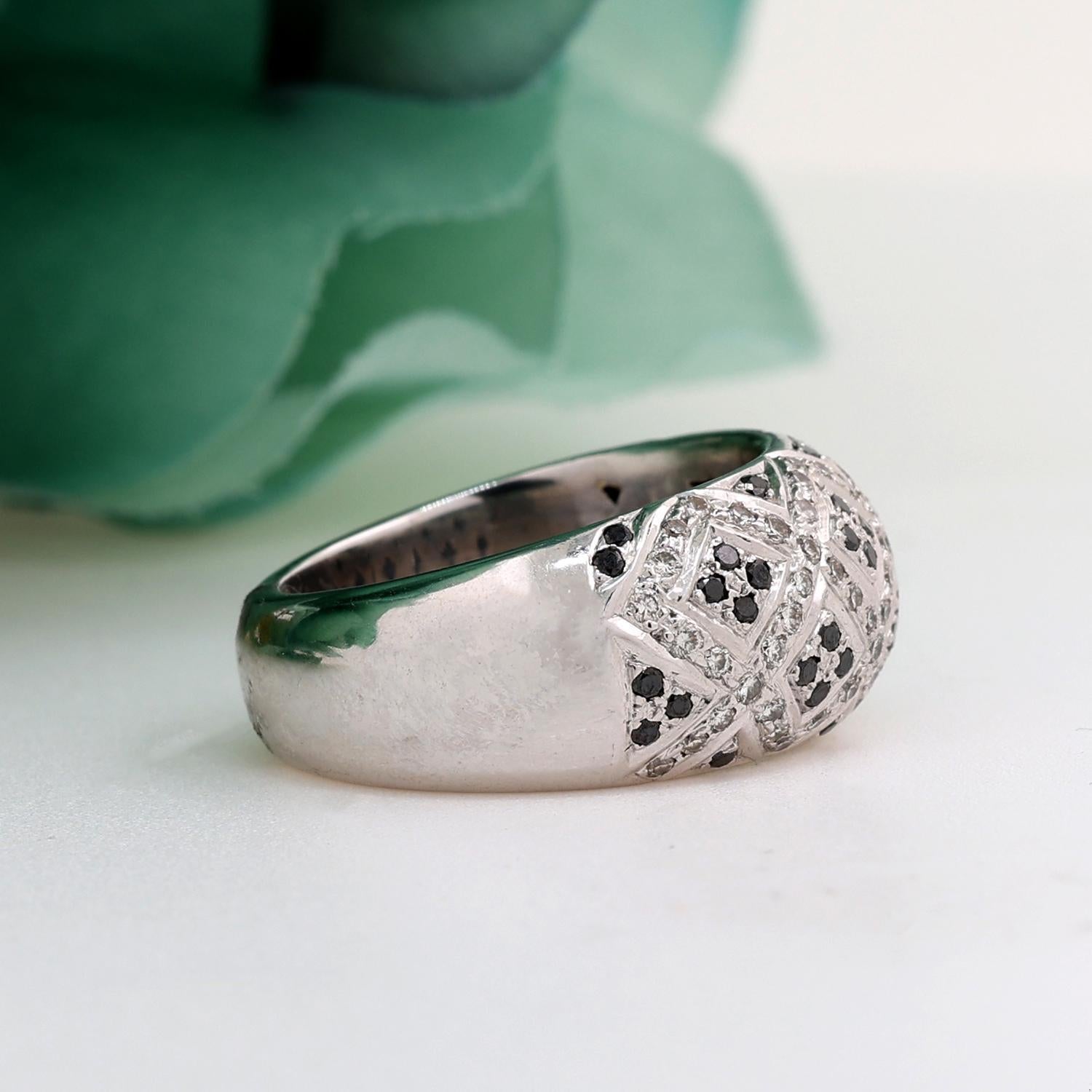 Black and White Diamond Dome Ring 18K White Gold 1.40 TW Size 7.5 Estate