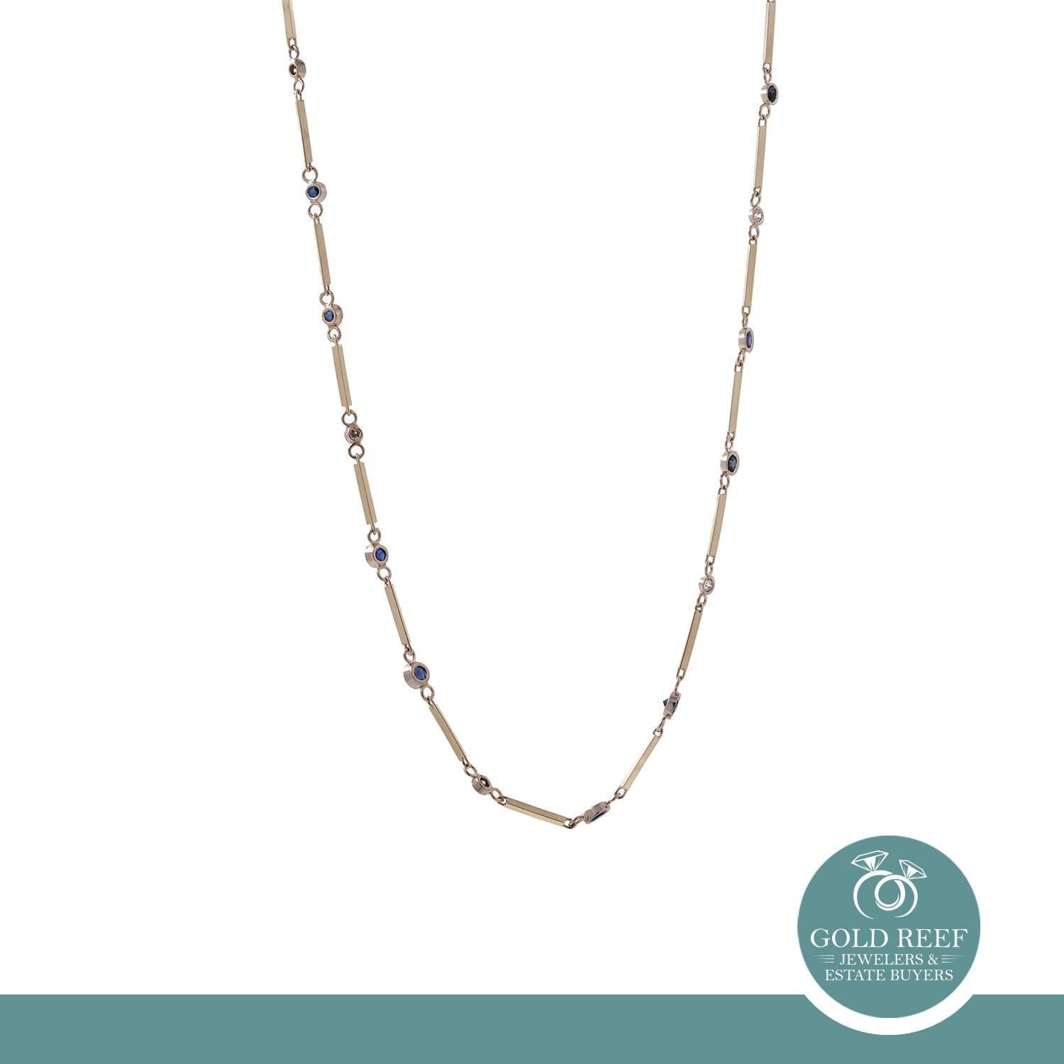 Blue Sapphire Diamond Station Necklace 14K Yellow Gold Bar Link Chain 26.5"