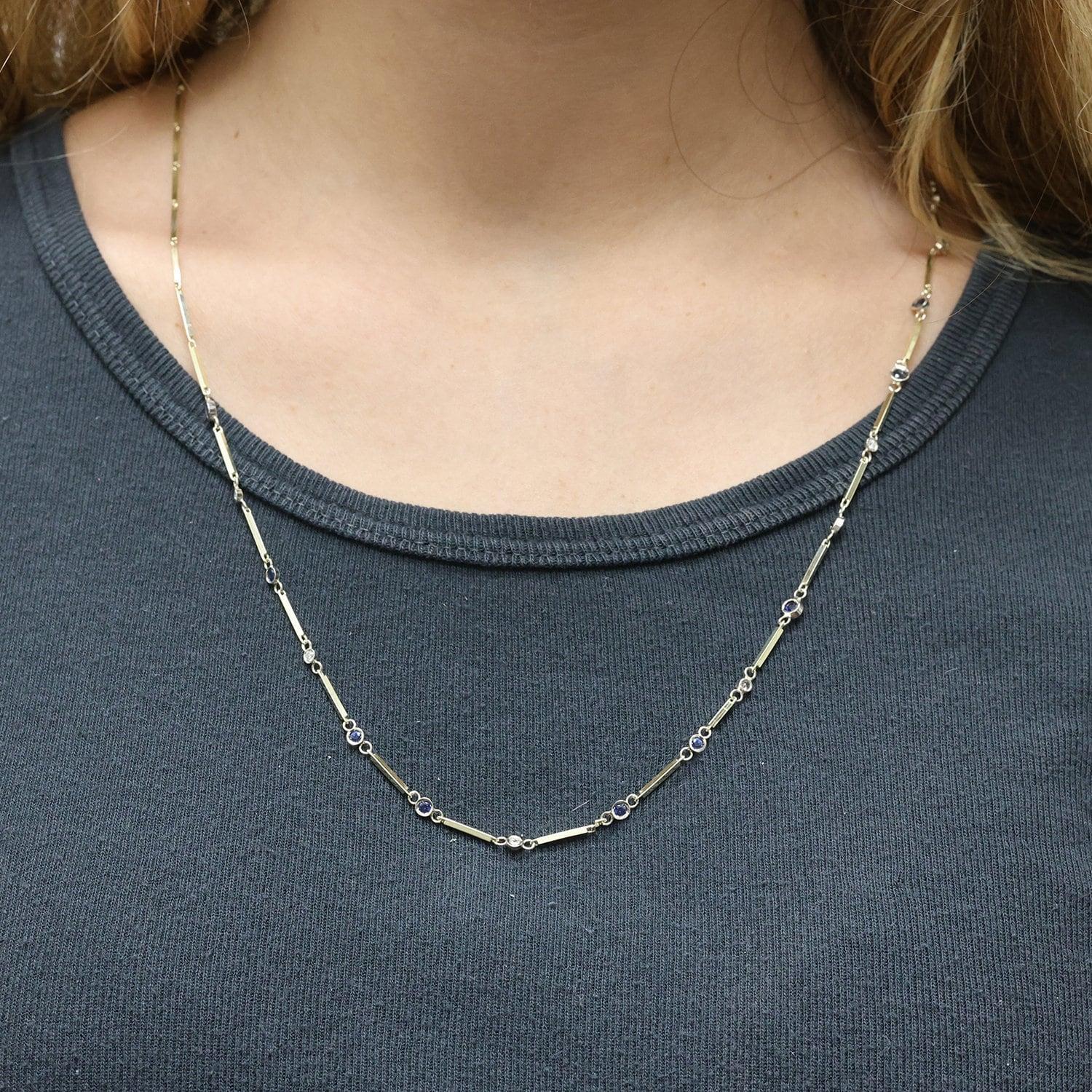 Blue Sapphire Diamond Station Necklace 14K Yellow Gold Bar Link Chain 26.5"