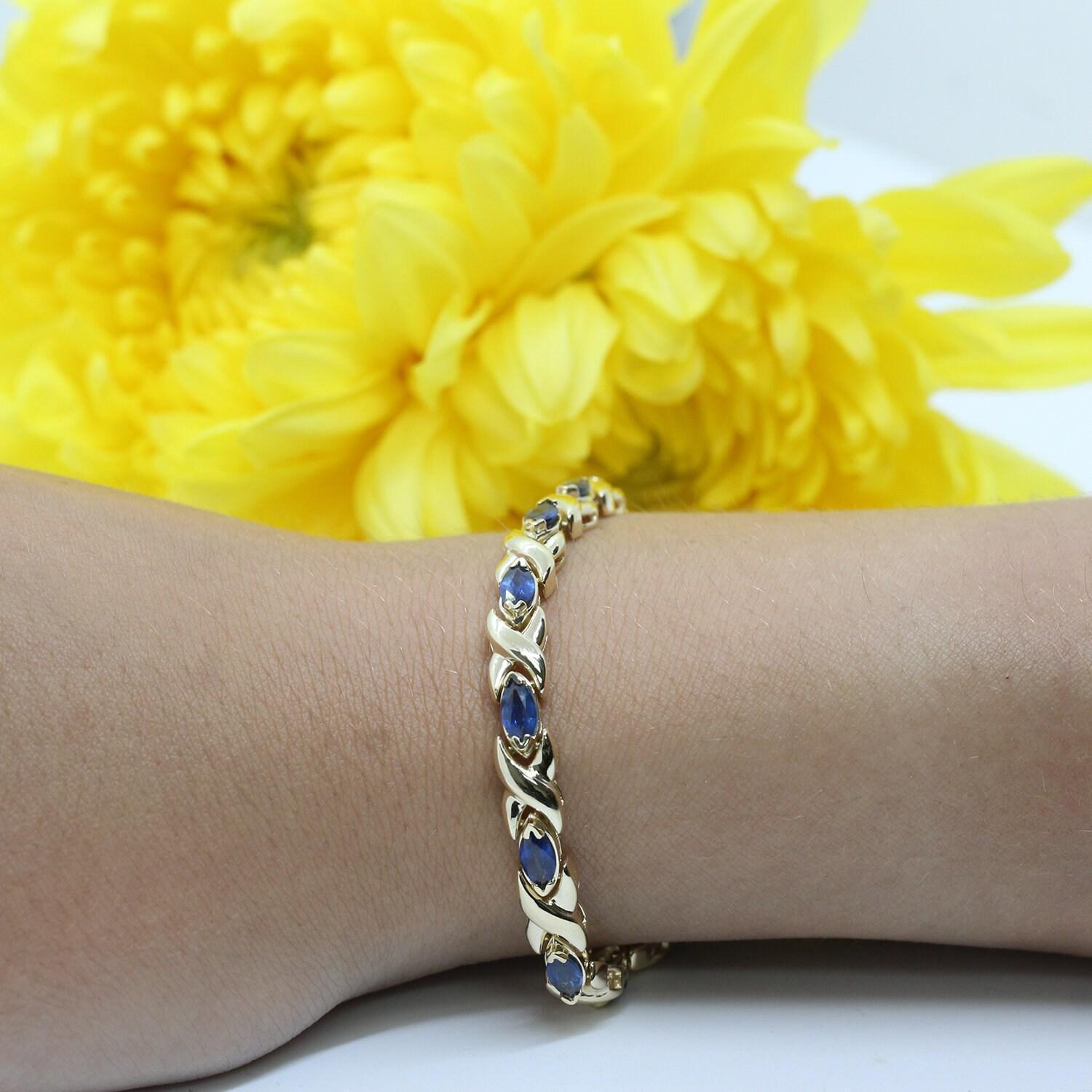 Blue Sapphire Station X Link Bracelet 14K Yellow Gold 4.20 CTW 7" Estate