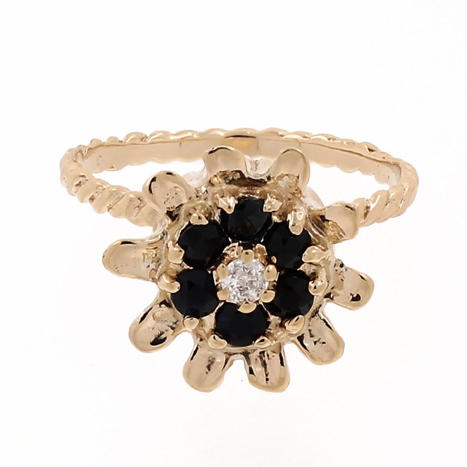 Blue Sapphire Diamond Flower Ring Yellow Gold Size 7 Ladies Girls Vintage Estate