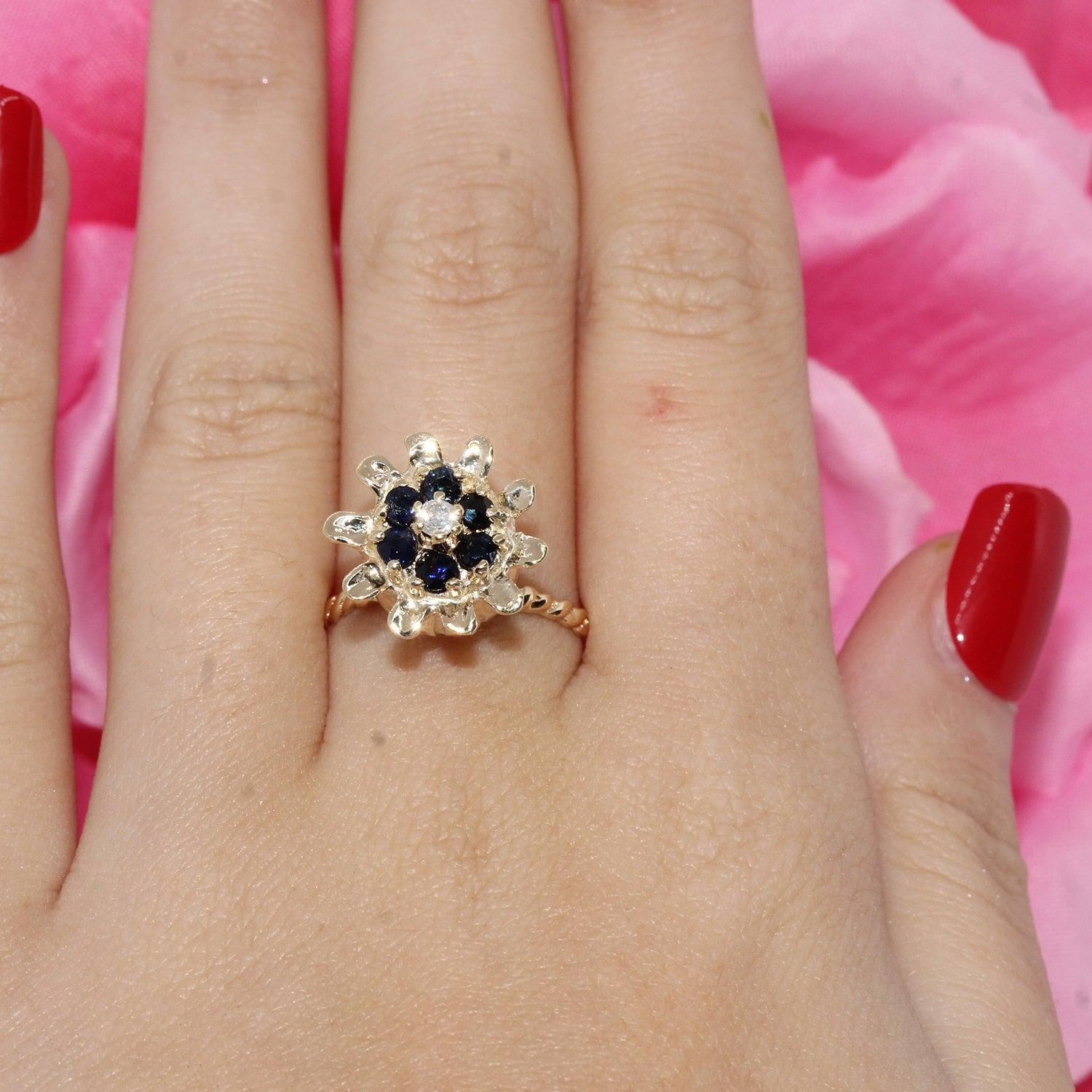 Blue Sapphire Diamond Flower Ring Yellow Gold Size 7 Ladies Girls Vintage Estate