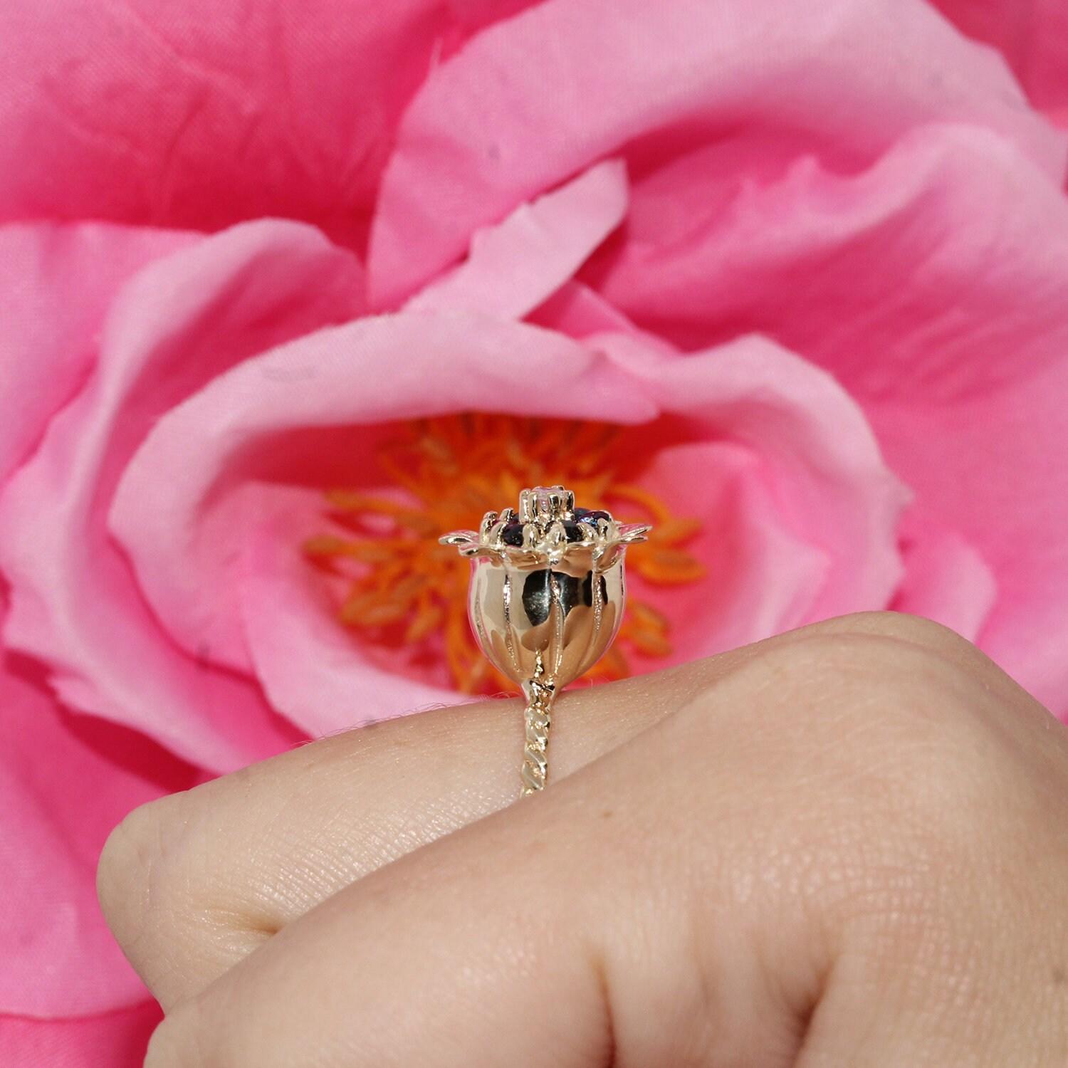 Blue Sapphire Diamond Flower Ring Yellow Gold Size 7 Ladies Girls Vintage Estate