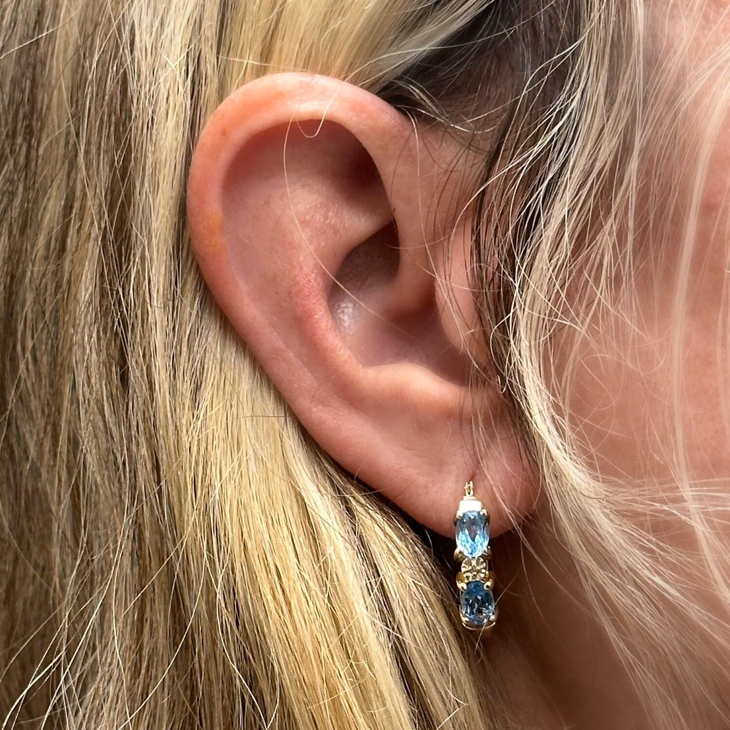 Blue Topaz Diamond Round Hoop Earrings 14K Yellow Gold 1.18 CTW 0.80" Estate