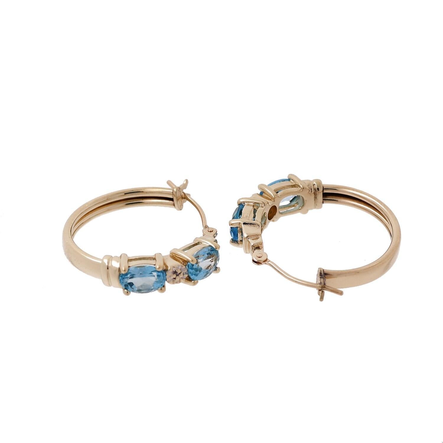 Blue Topaz Diamond Round Hoop Earrings 14K Yellow Gold 1.18 CTW 0.80" Estate
