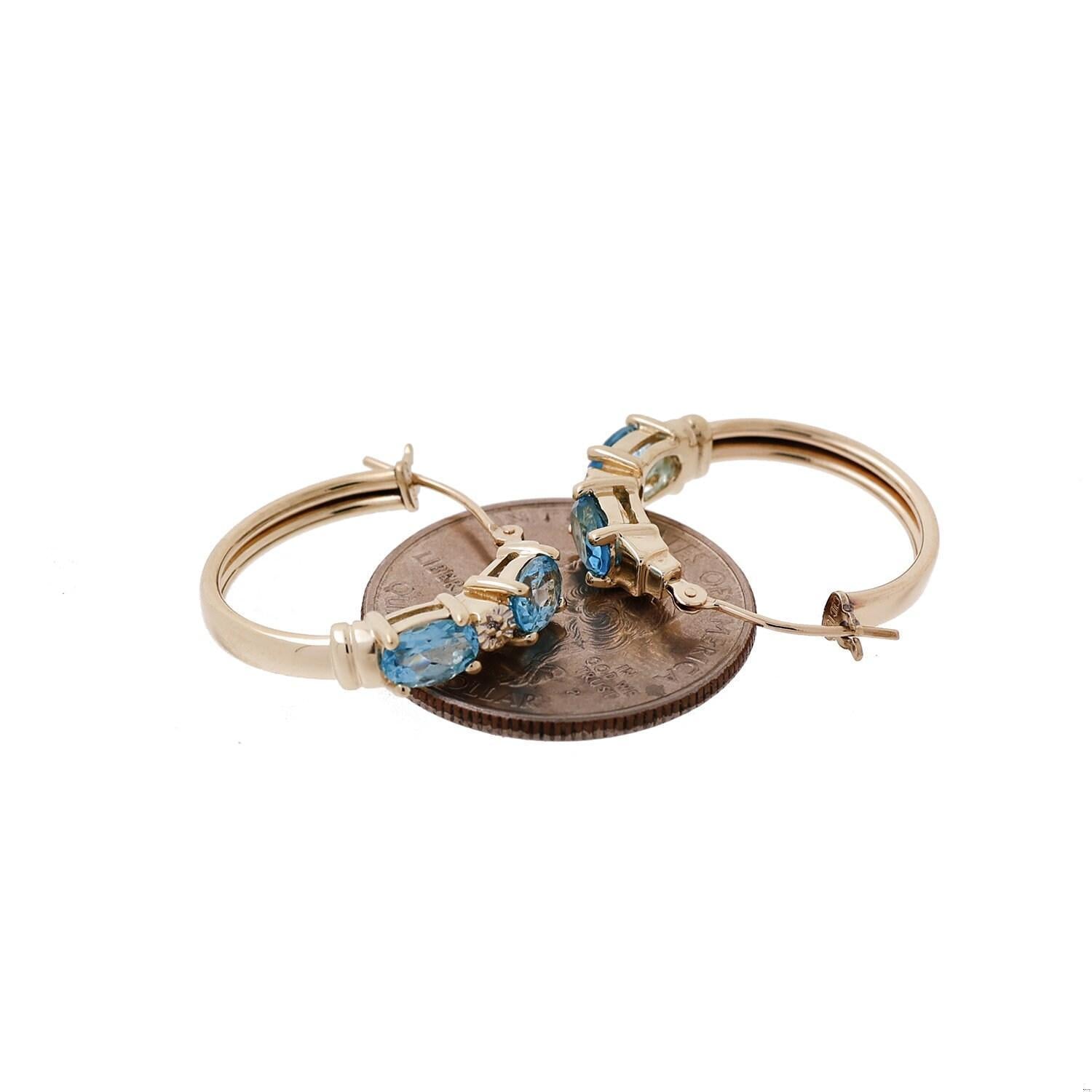 Blue Topaz Diamond Round Hoop Earrings 14K Yellow Gold 1.18 CTW 0.80" Estate