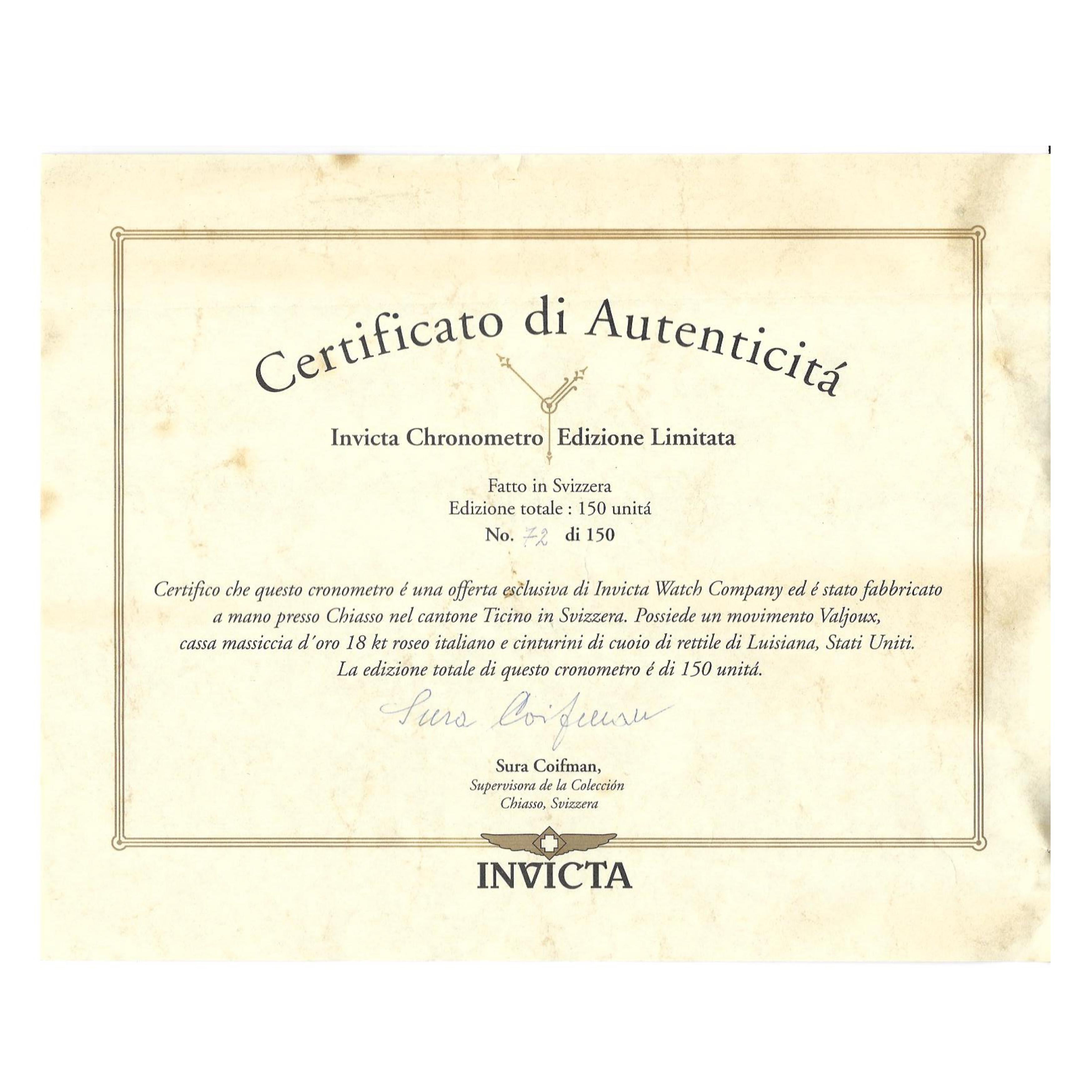 Mens 7750 Invicta Watch Automatic Swiss Chronometer Limited Ed. 18K Yellow Gold