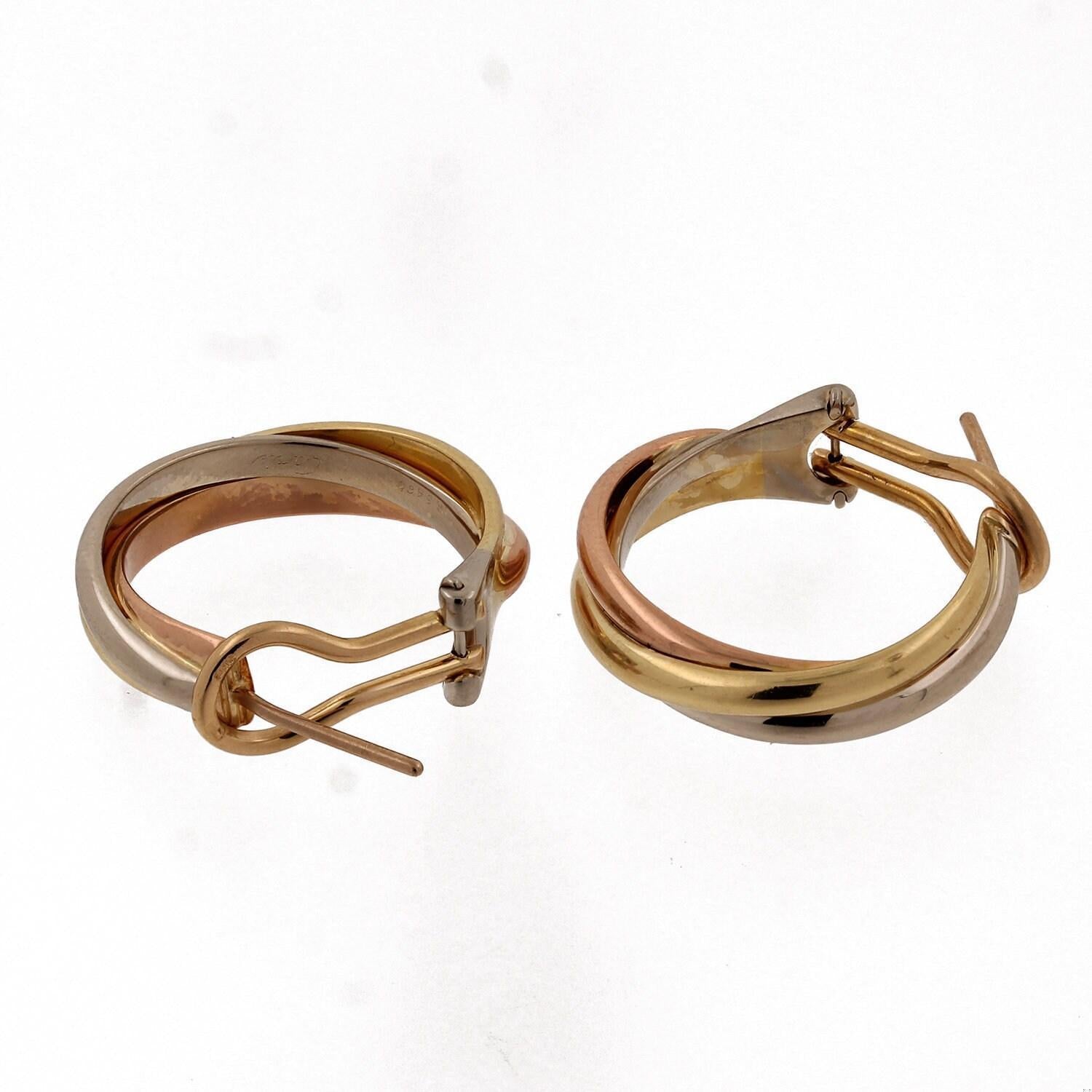 Cartier 18K Tri-Color Gold Trinity Hoop Earrings Omega Backs Round 0.80" Estate