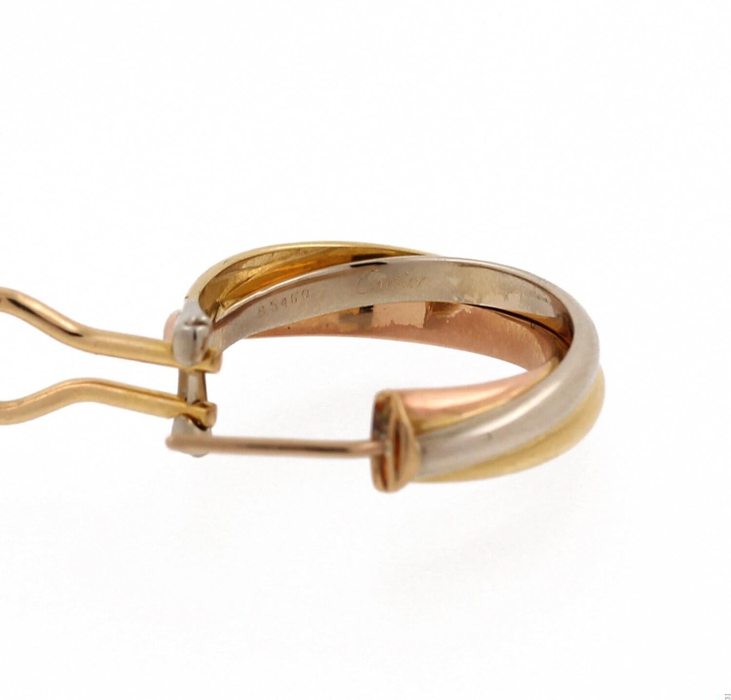 Cartier 18K Tri-Color Gold Trinity Hoop Earrings Omega Backs Round 0.80" Estate