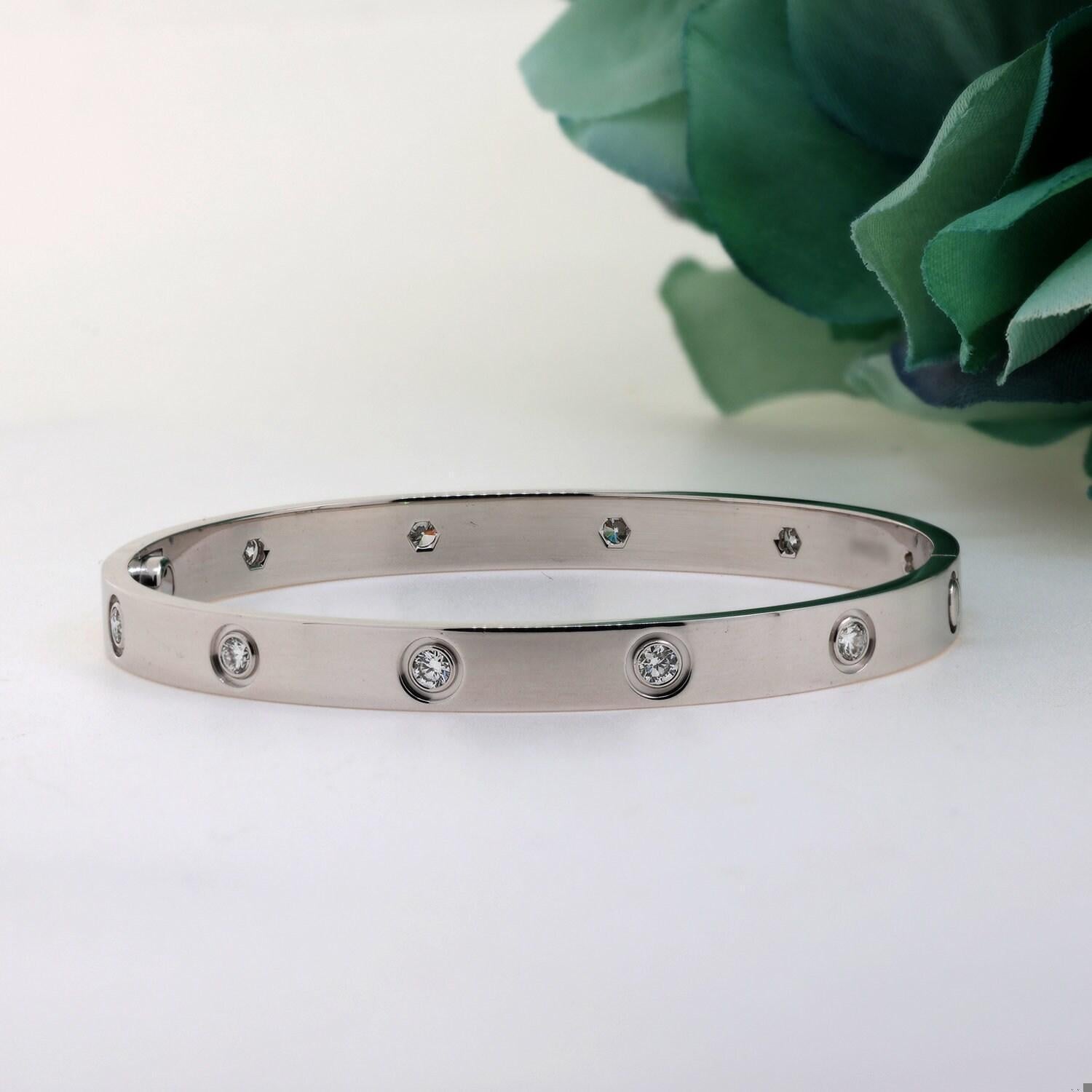 Pre Owned Estate Cartier Love 10 Diamonds 18K White Gold Bangle Size 18 Screwdriver Paper Box