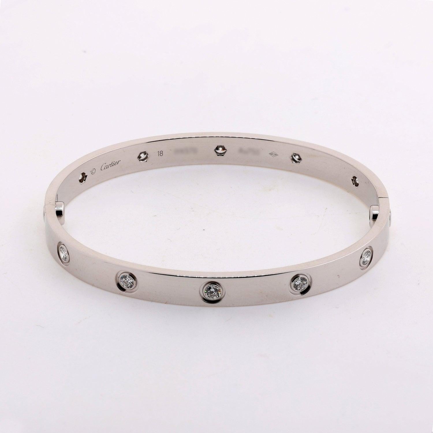Cartier Love 10 Diamonds 18k White Gold Bangle Size 18 Screwdriver Paper Box