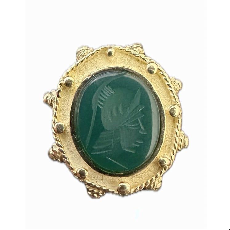 Carved Green Onyx Pendant Slider 18K Yellow Gold Oval Gem 0.70" Vintage Estate