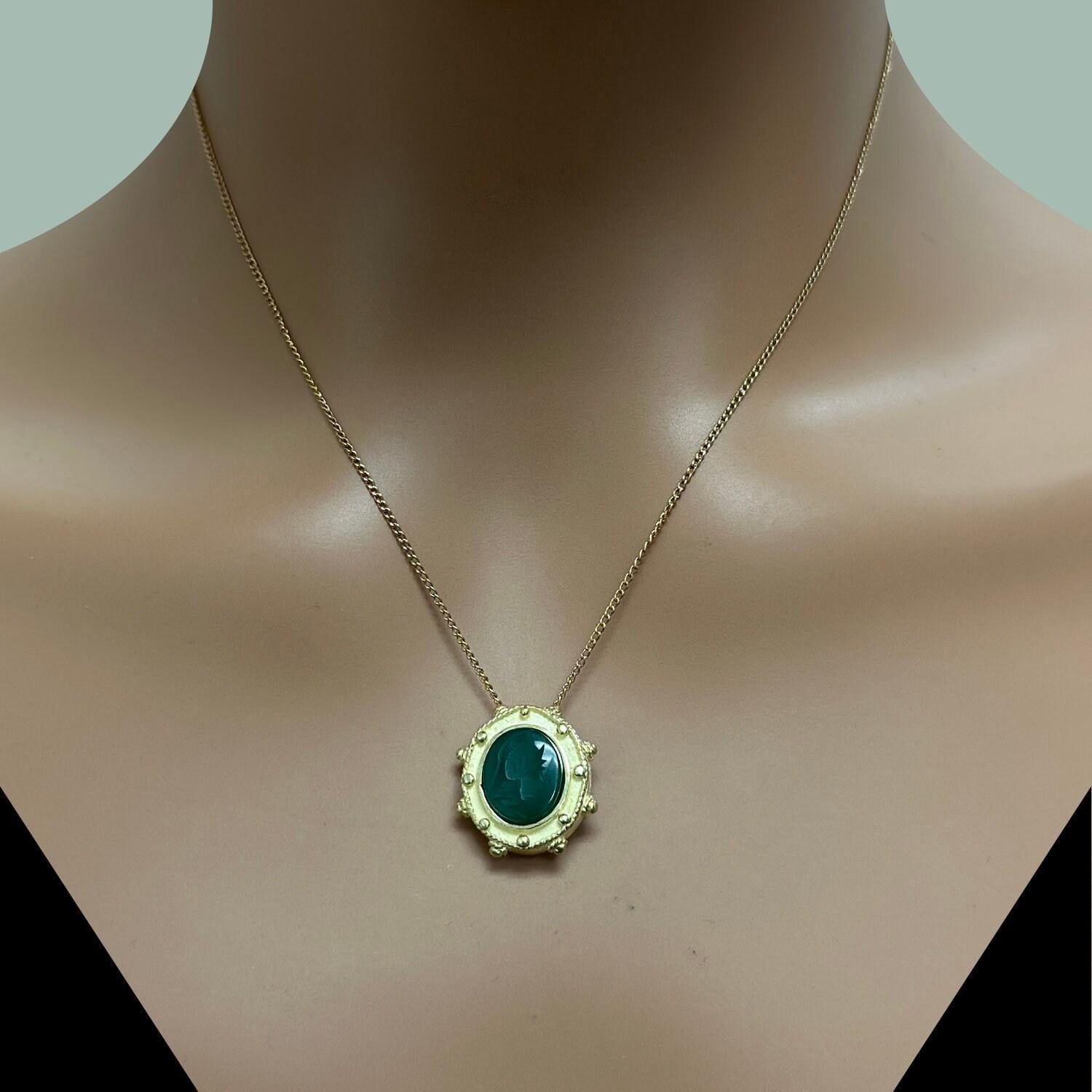 Carved Green Onyx Pendant Slider 18K Yellow Gold Oval Gem 0.70" Vintage Estate