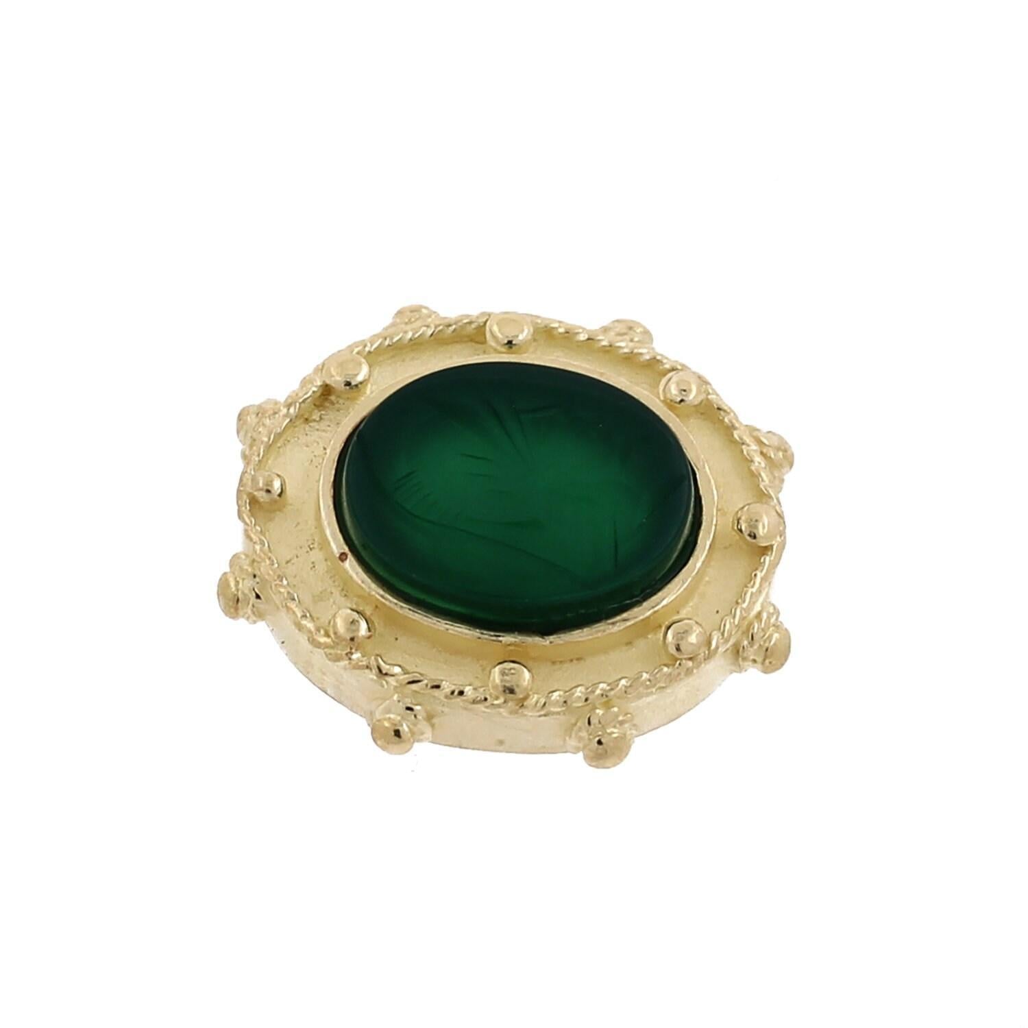 Carved Green Onyx Pendant Slider 18K Yellow Gold Oval Gem 0.70" Vintage Estate