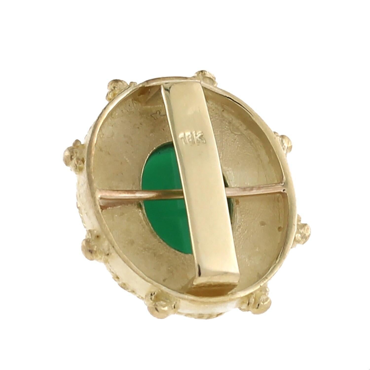 Carved Green Onyx Pendant Slider 18K Yellow Gold Oval Gem 0.70" Vintage Estate