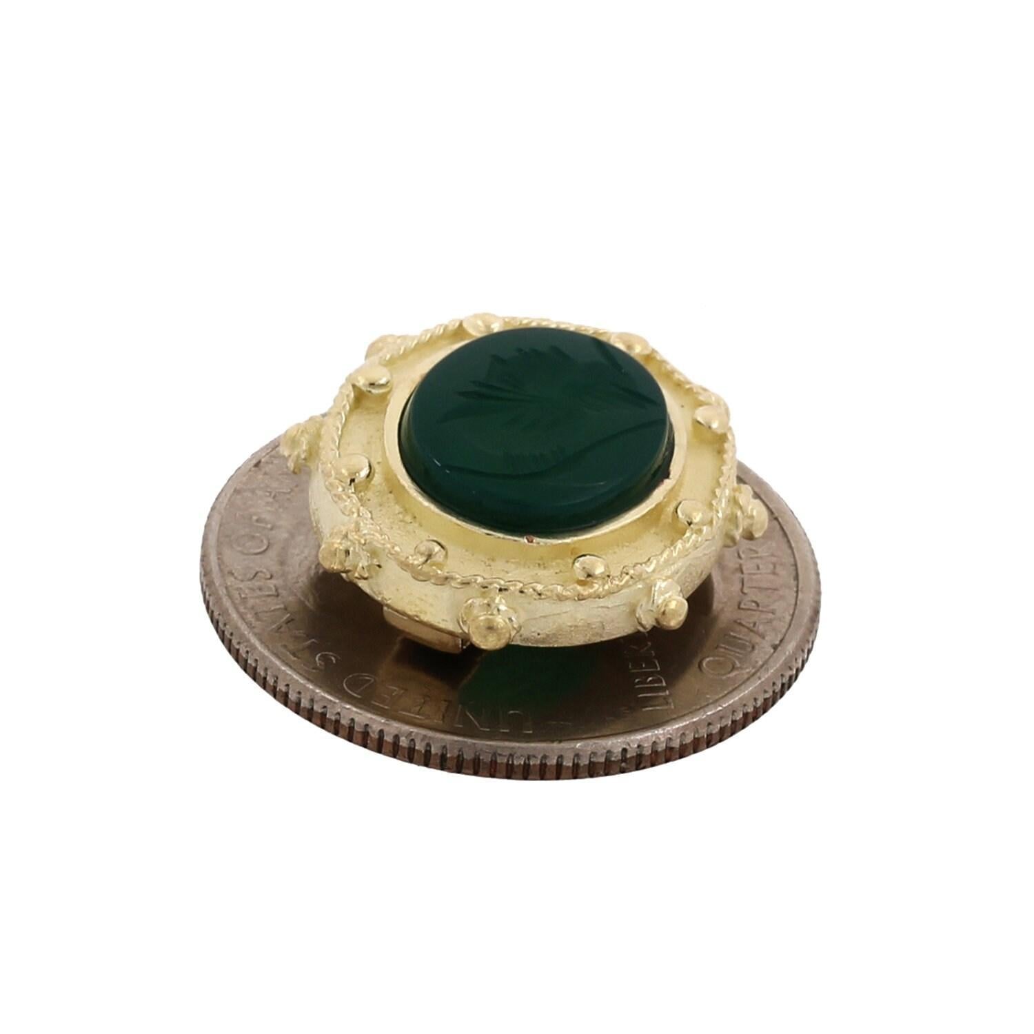 Carved Green Onyx Pendant Slider 18K Yellow Gold Oval Gem 0.70" Vintage Estate