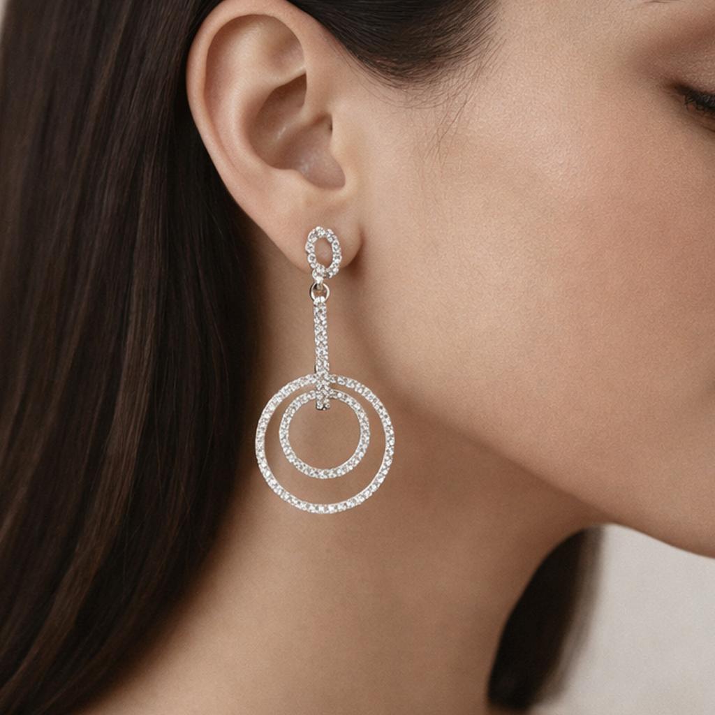 Double Circle Diamond Drop Dangle Earrings 0.75 TW White Gold 1.10" Ladies