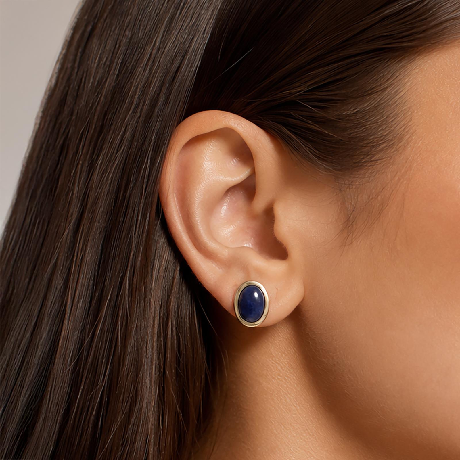 14K Yellow Gold Oval Lapis Lazuli Bezel Stud Earrings Estate Blue Gemstone