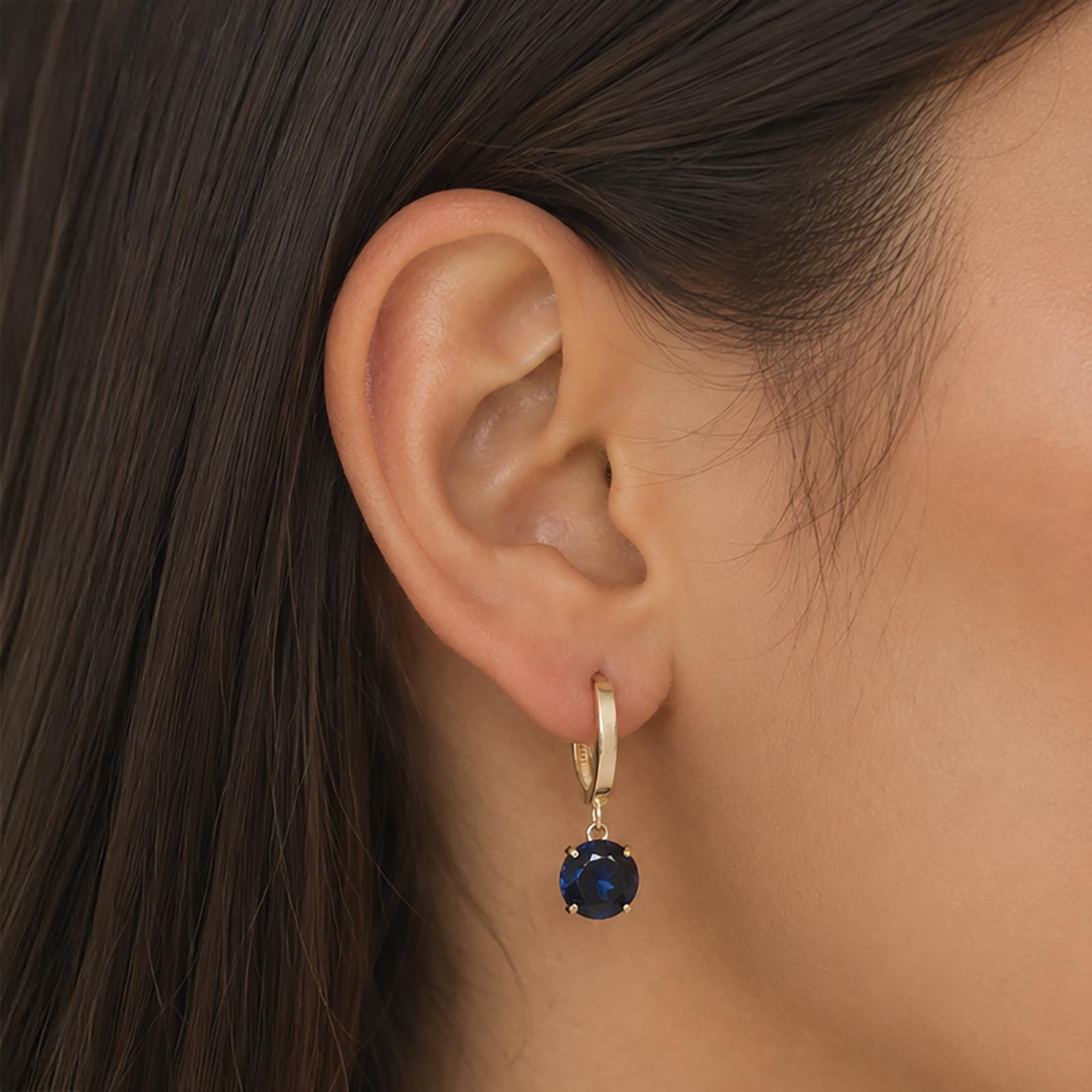14K Yellow Gold 2.40ct Round Lab Blue Sapphire Dangle Huggie Hoop Earrings