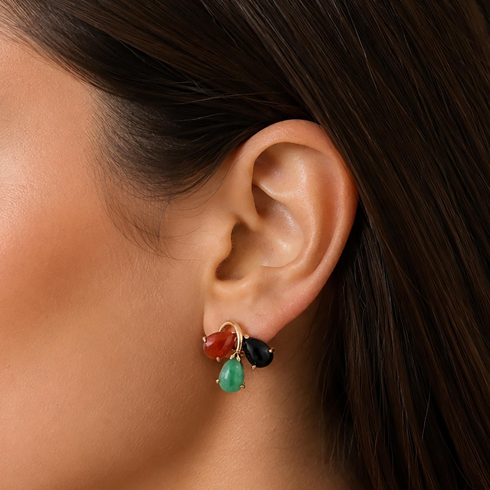 14K Gold Multi Color Jadeite Pear Stud Earrings Green Black Orange Estate