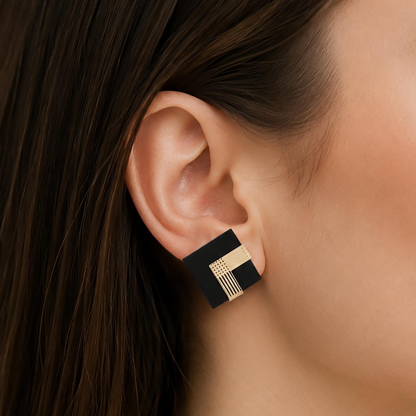 14K Gold Black Onyx Geometric Statement Earrings Vintage Modernist Estate 18mm