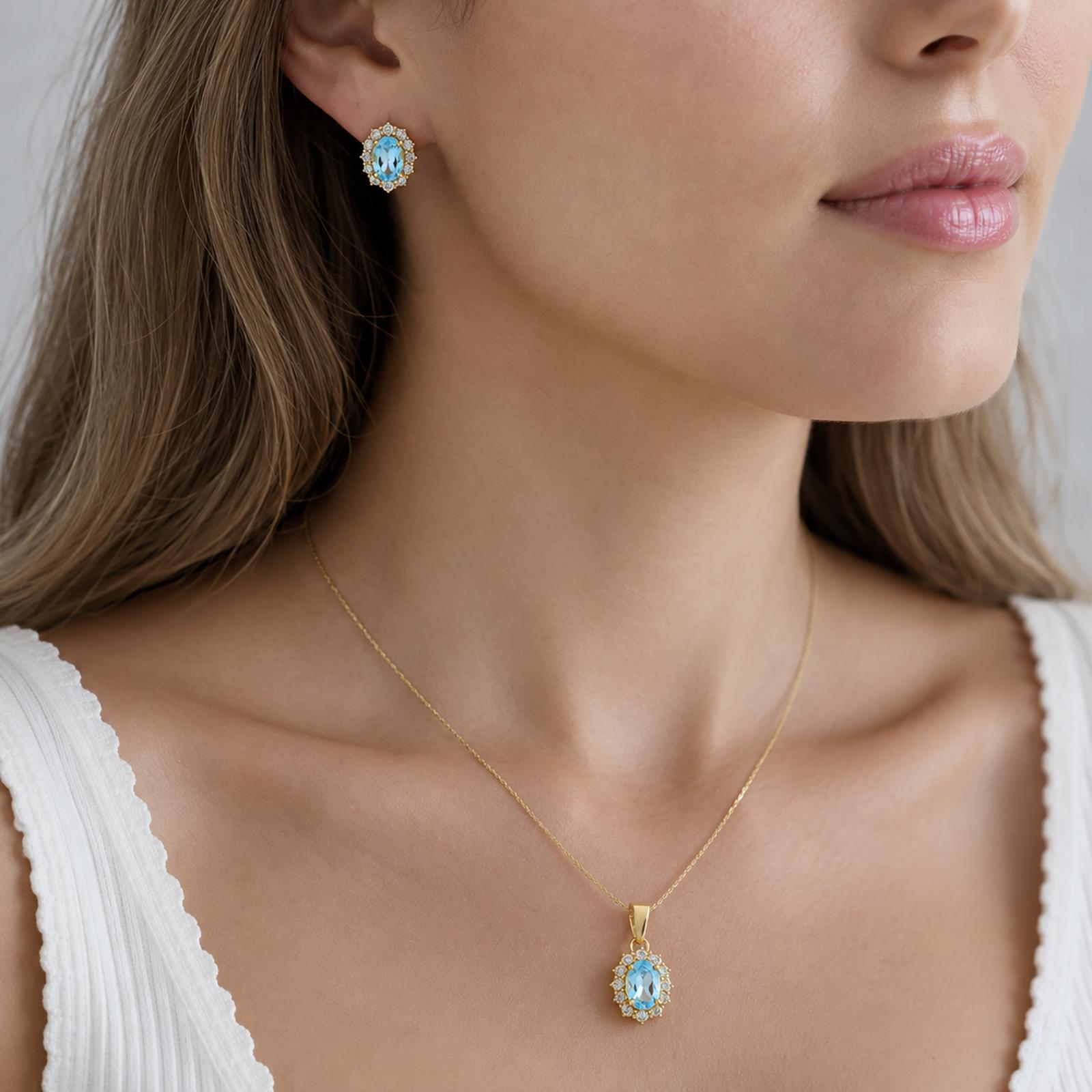 Gold Blue Topaz CZ Halo Pendant Earrings Jewelry Set Estate