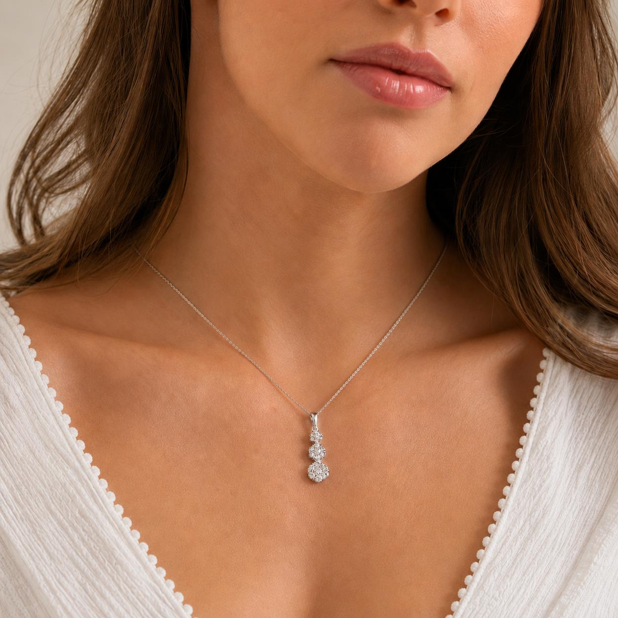 14K White Gold 0.50 CTW Natural Diamond Triple Cluster Drop Pendant Flower