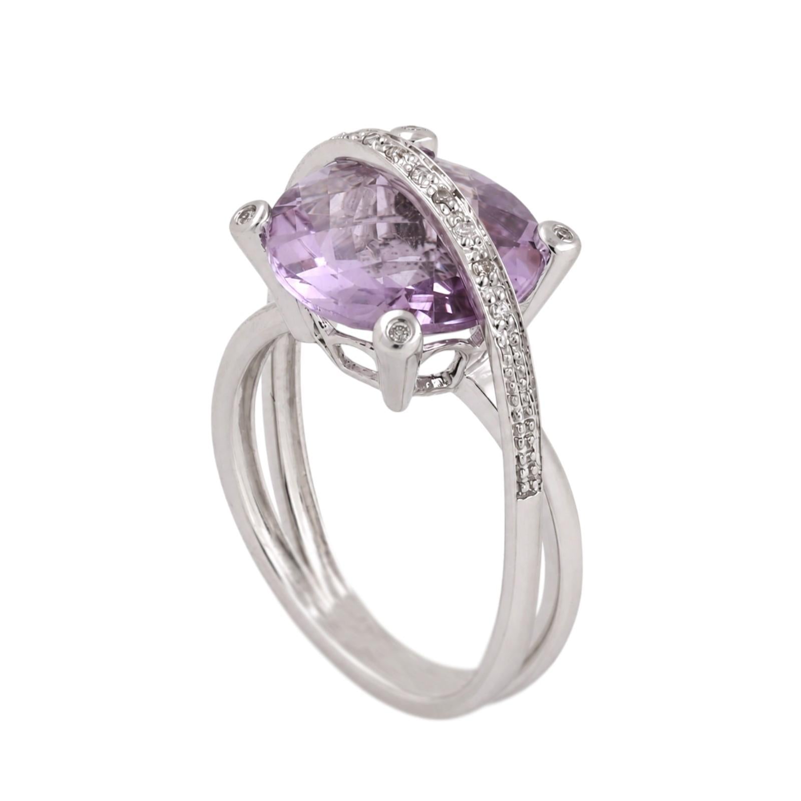 6.50Ct Checkerboard Amethyst Diamond Bypass Ring 14K White Gold Size 7.25