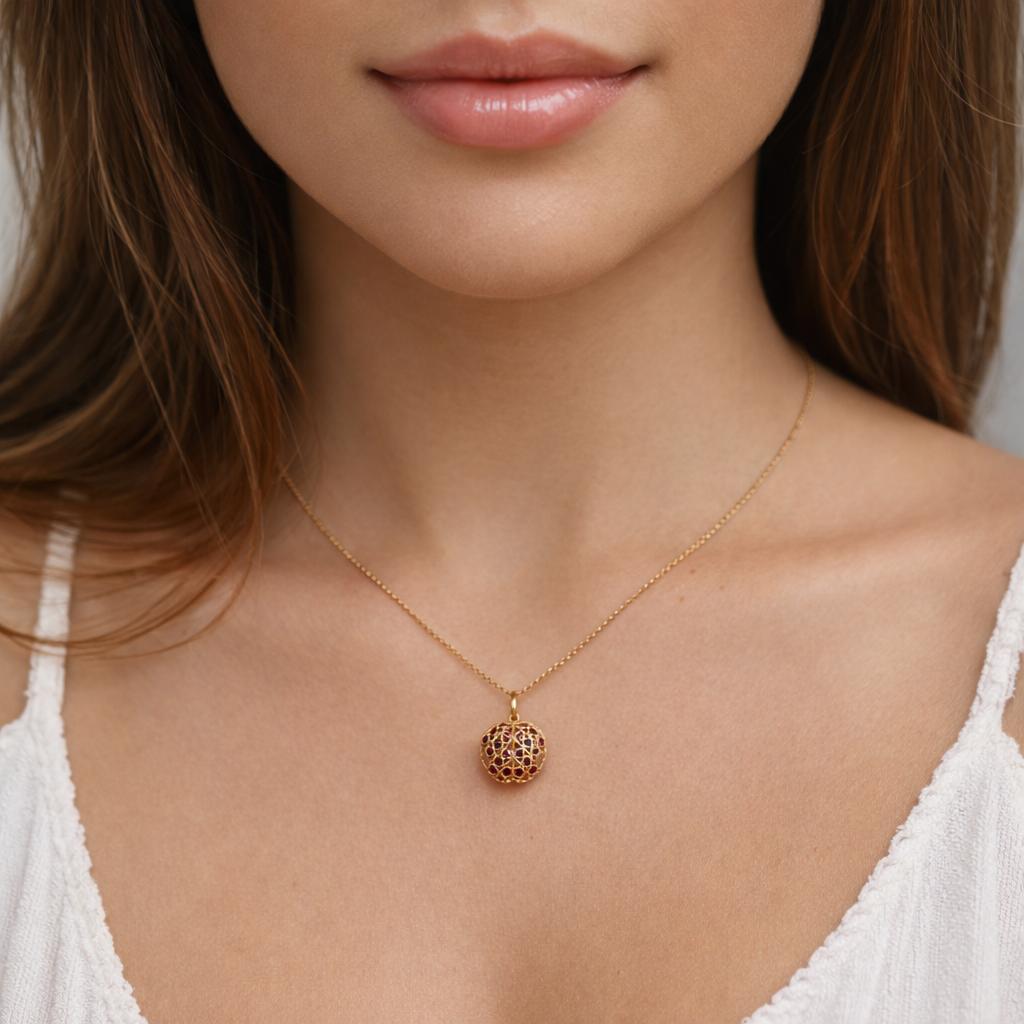 Ruby Sapphire Reversible Apple Pendant Charm 18K Filigree Yellow Gold 0.78"