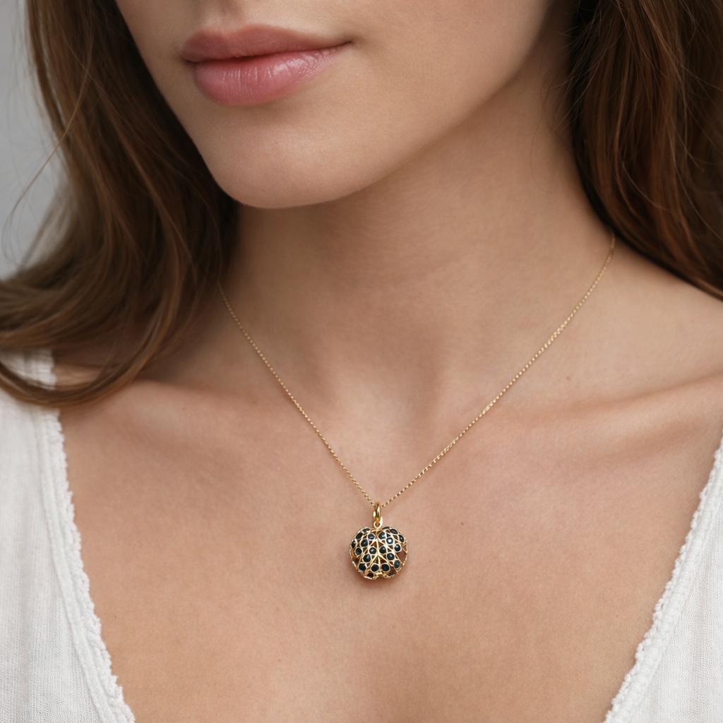 Ruby Sapphire Reversible Apple Pendant Charm 18K Filigree Yellow Gold 0.78"