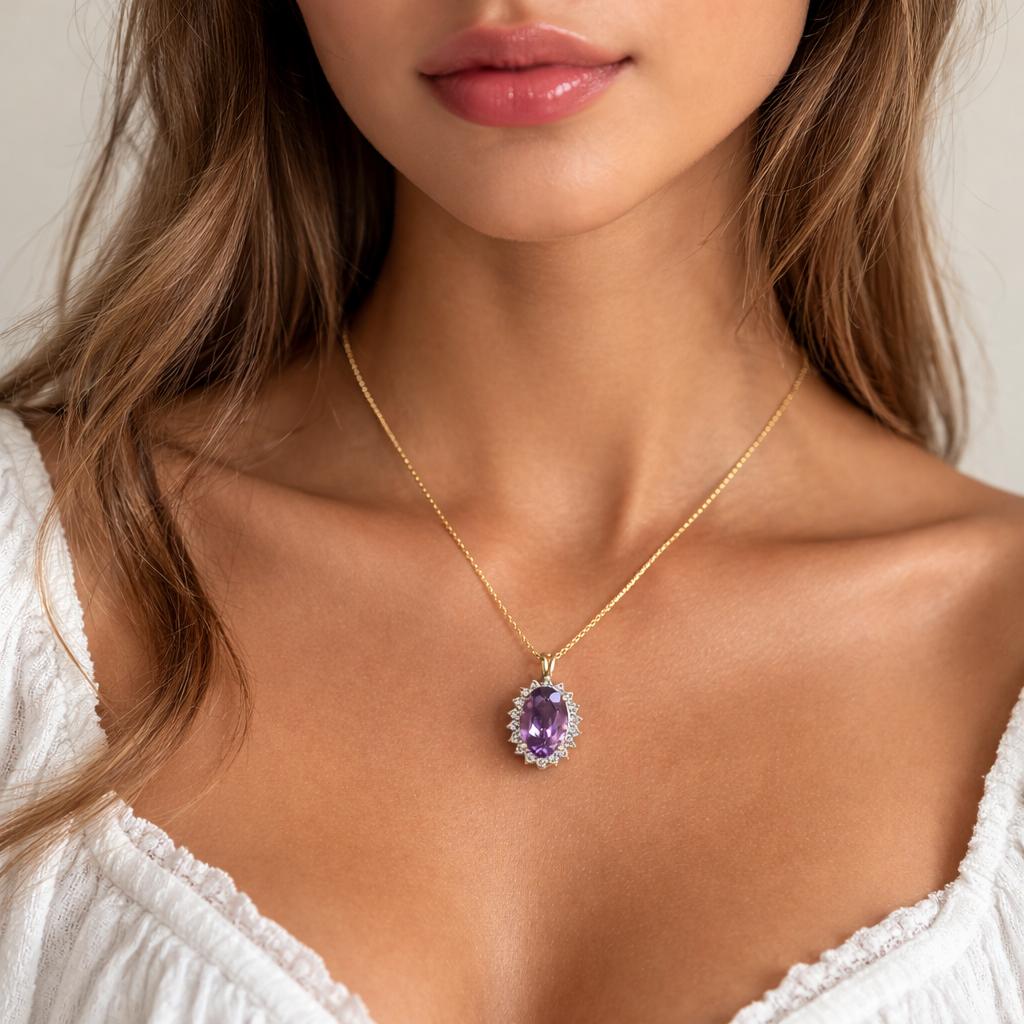 Amethyst Halo Diamond Floral Pendant Chain Necklace 14K Gold 6.25 CTW 21.5"
