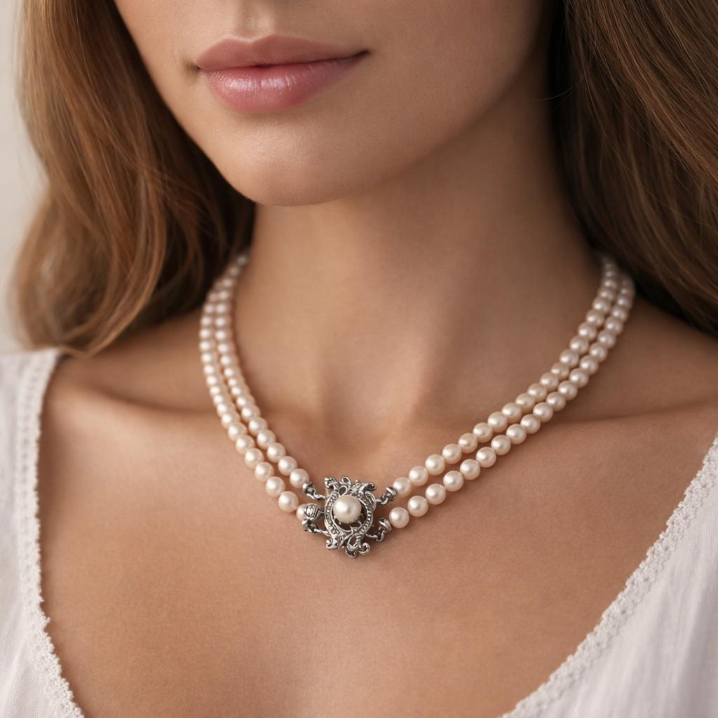 GIA Akoya Pearl Necklace Double Strand 18" 14K White Gold Clasp Vintage Estate