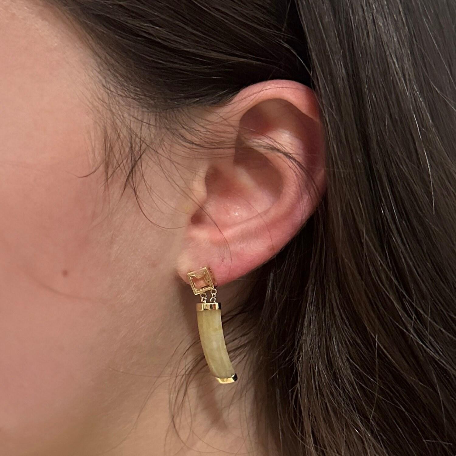 Citrine Jadeite Jade Cabochon Drop Dangle Earrings 14K Yellow Gold 1.18" Estate