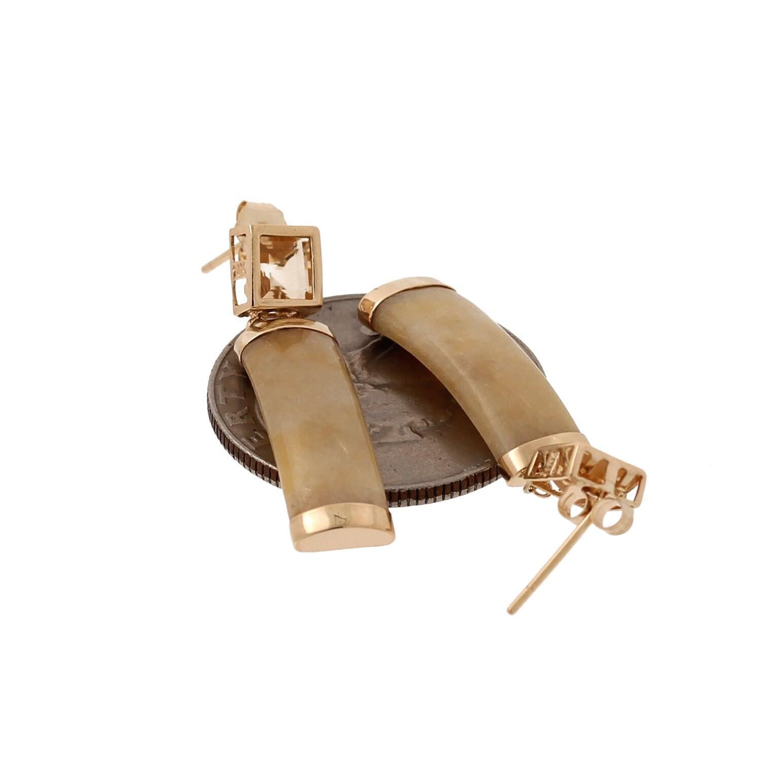 Citrine Jadeite Jade Cabochon Drop Dangle Earrings 14K Yellow Gold 1.18" Estate