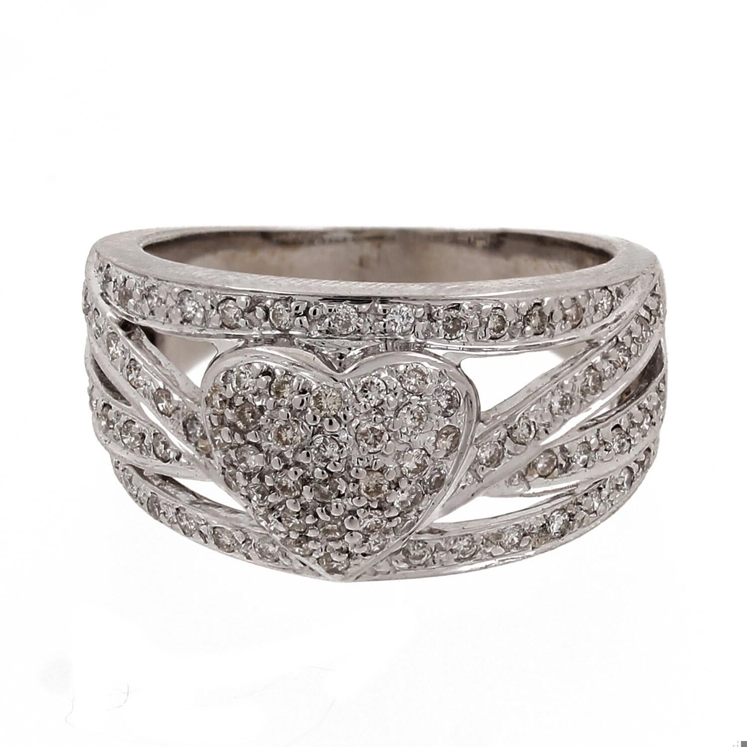 Cluster Diamond Heart Wide Band Crossover Ring 14K White Gold 1.25 TW Size 6.25