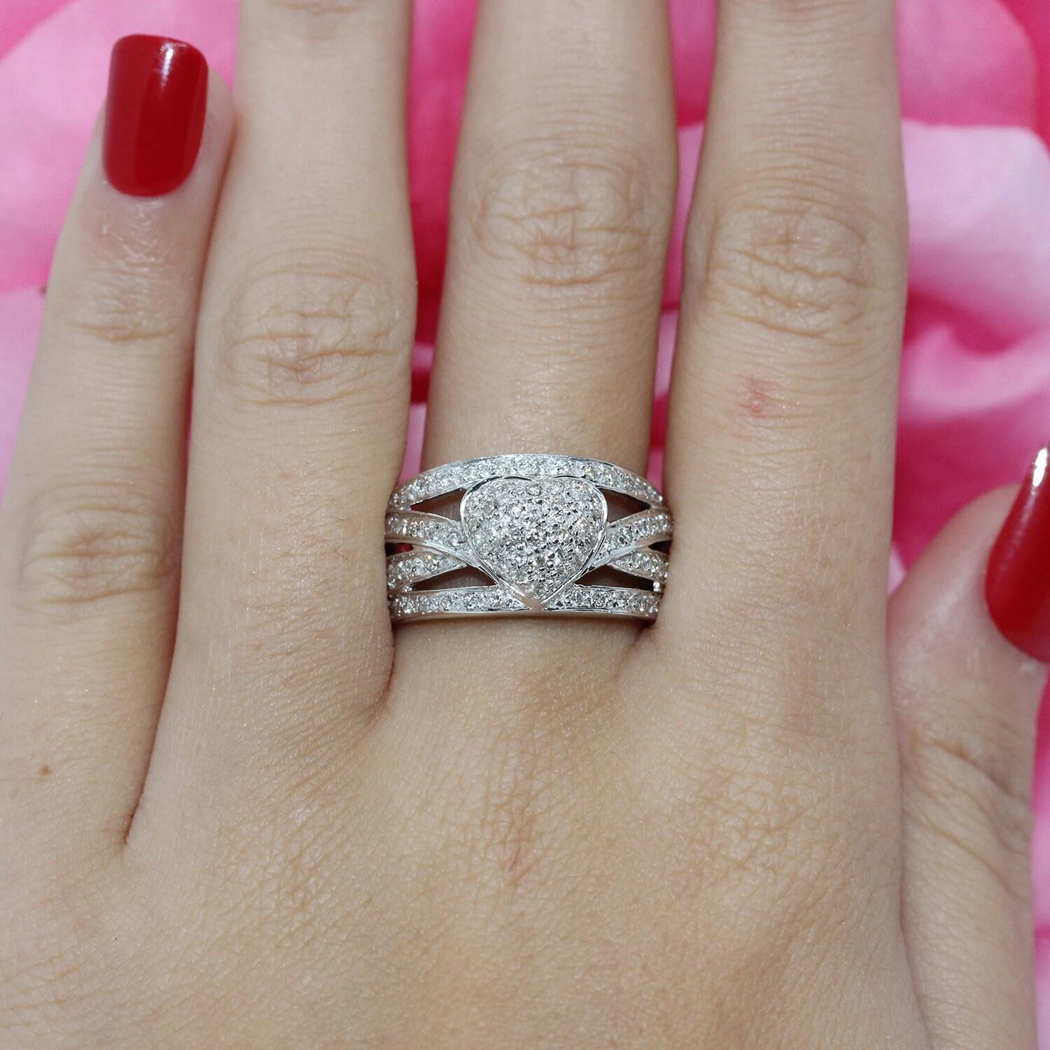 Cluster Diamond Heart Wide Band Crossover Ring 14K White Gold 1.25 TW Size 6.25