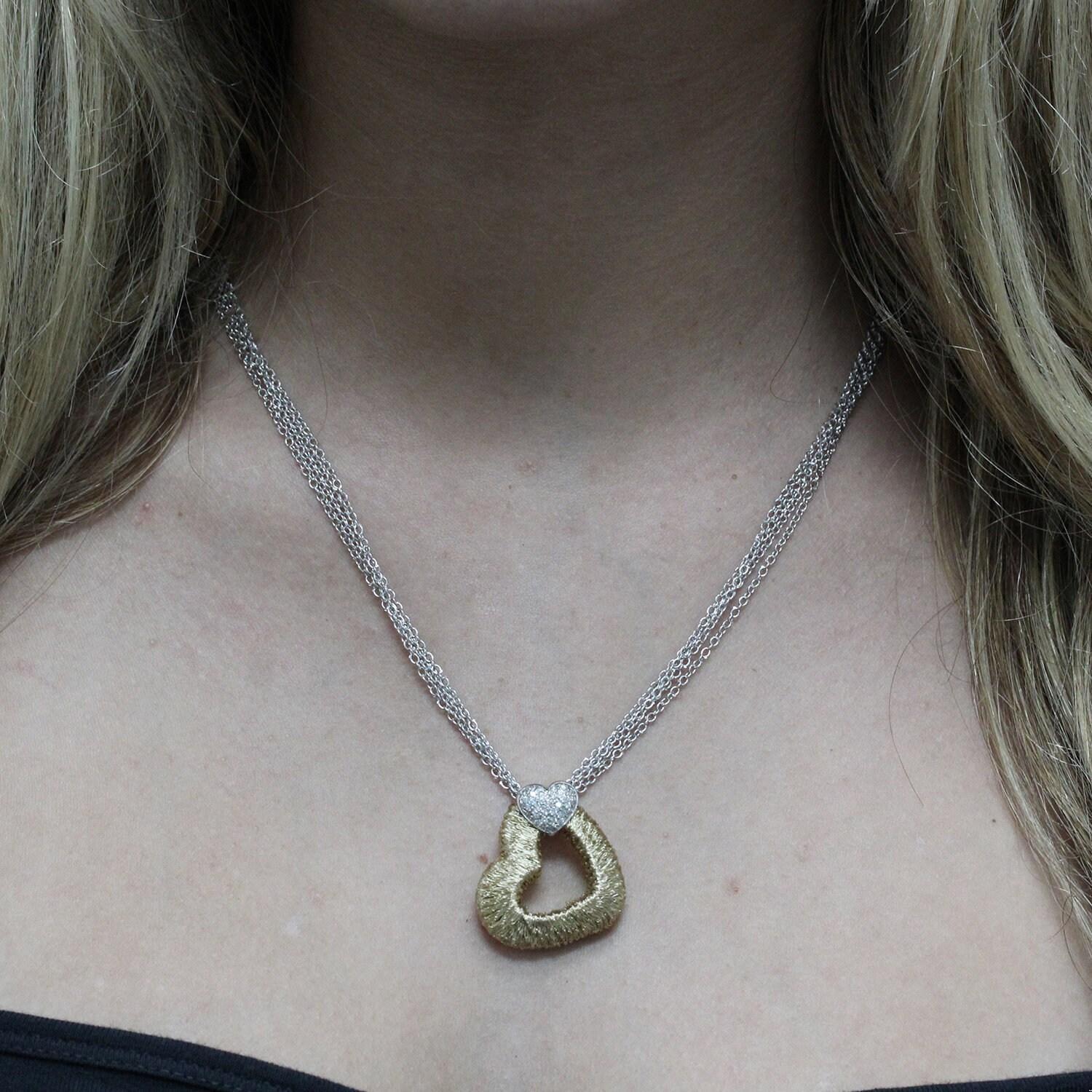 Cluster Diamond Open Heart Pendant Necklace 14K Two-Tone Gold 4-Strand Chain 19"
