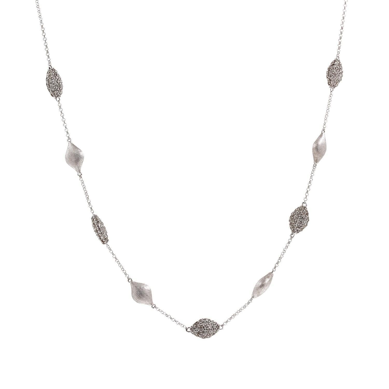 Cluster Diamond Station Necklace 14K White Gold Cable Link Chain 3.50 CTW 18"