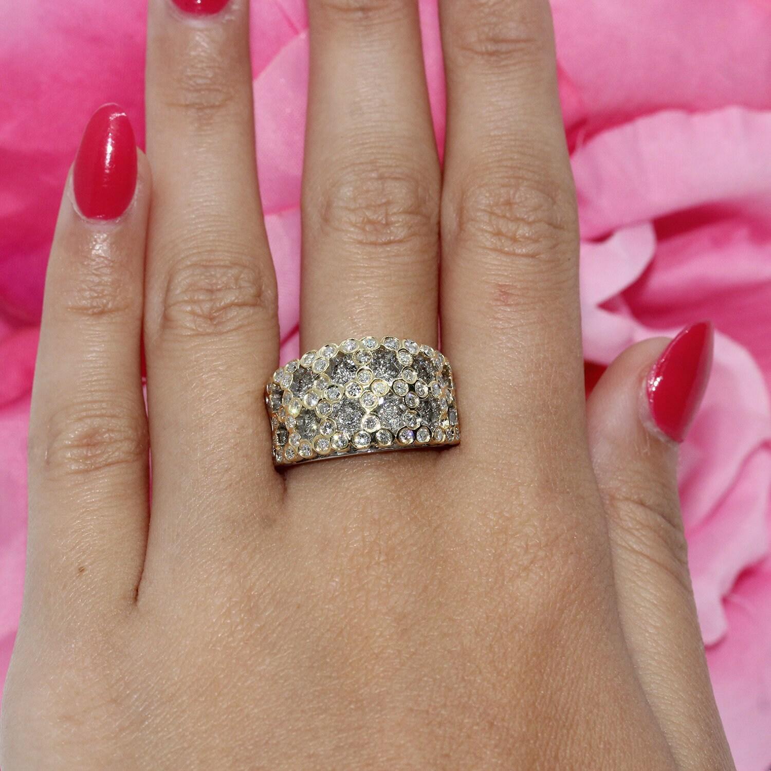 Cluster Diamond Wide Band Ring 3.00 CTW 18K Two Tone Gold SZ 7.25 Estate Ladies