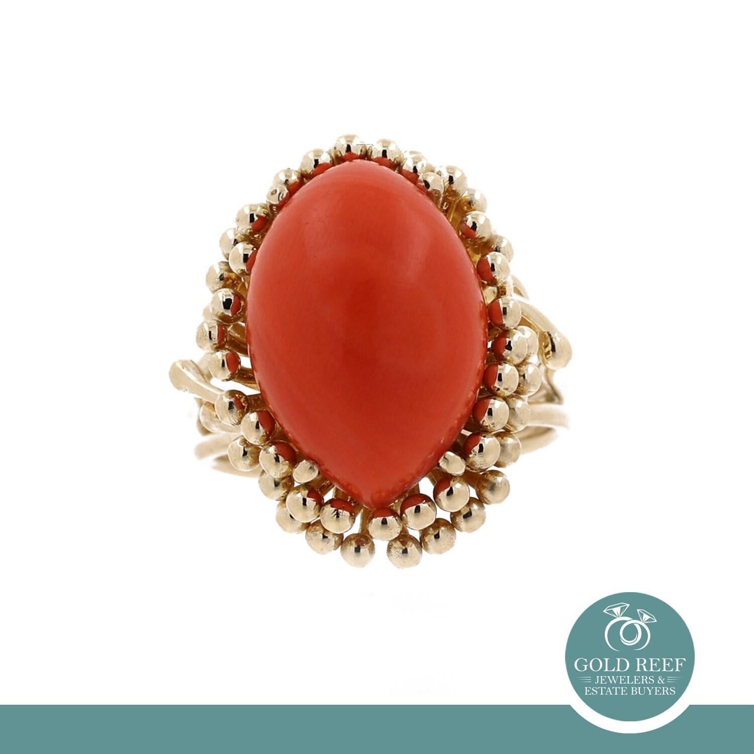 Solitaire Momme Coral Cabochon Gemstone Statement Ring 14K Yellow Gold Size 6.75