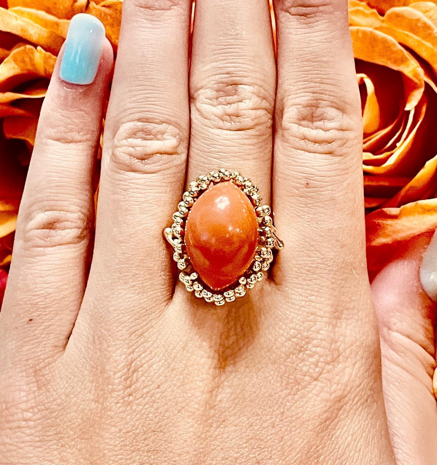 Solitaire Momme Coral Cabochon Gemstone Statement Ring 14K Yellow Gold Size 6.75
