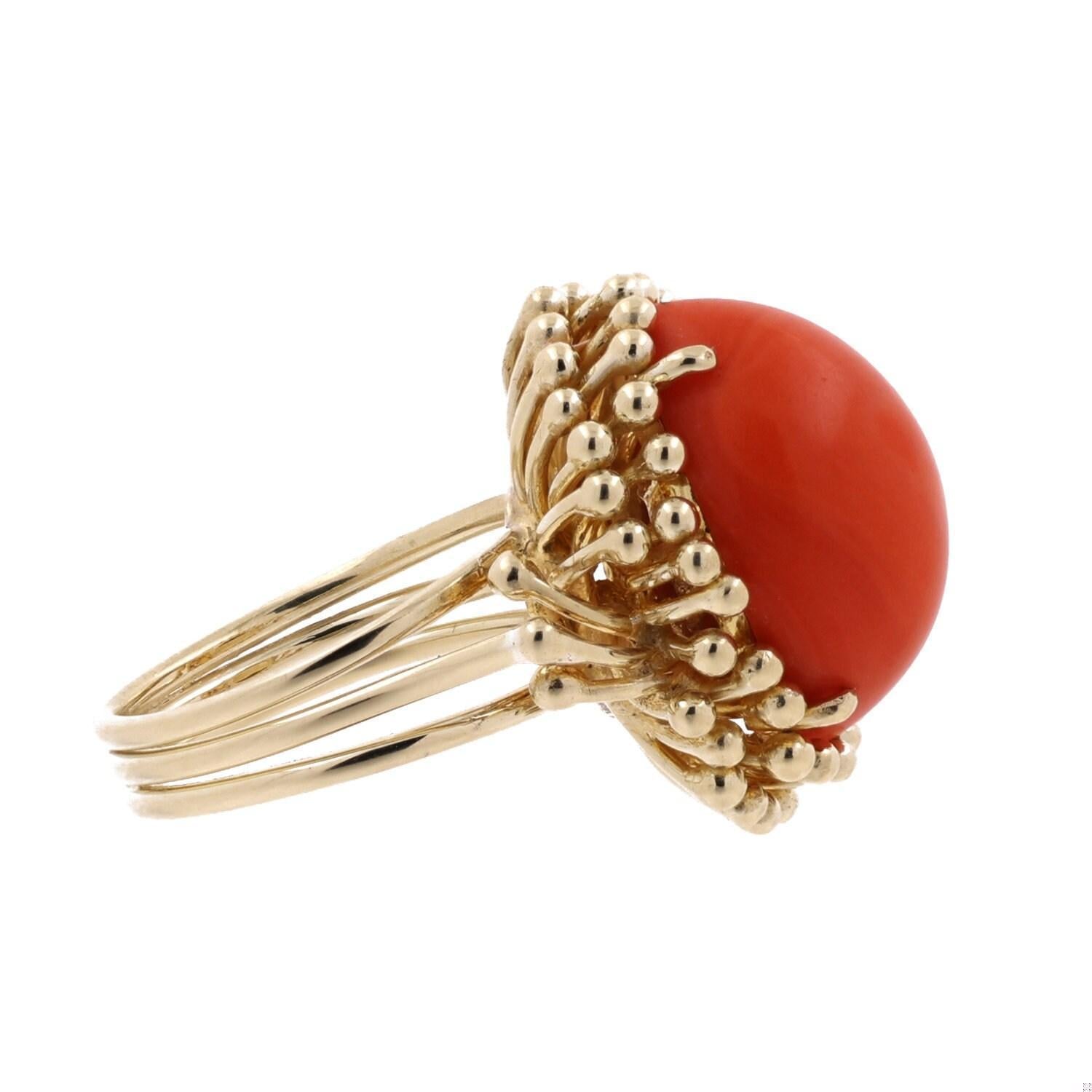 Solitaire Momme Coral Cabochon Gemstone Statement Ring 14K Yellow Gold Size 6.75
