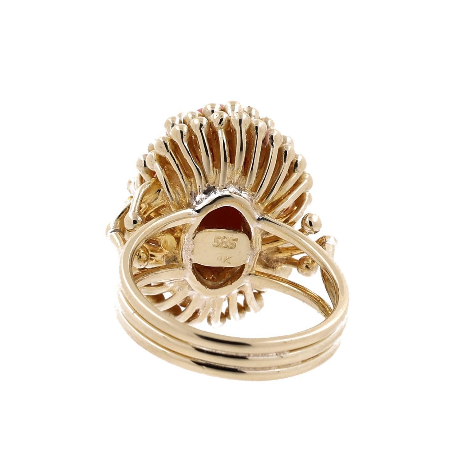 Solitaire Momme Coral Cabochon Gemstone Statement Ring 14K Yellow Gold Size 6.75