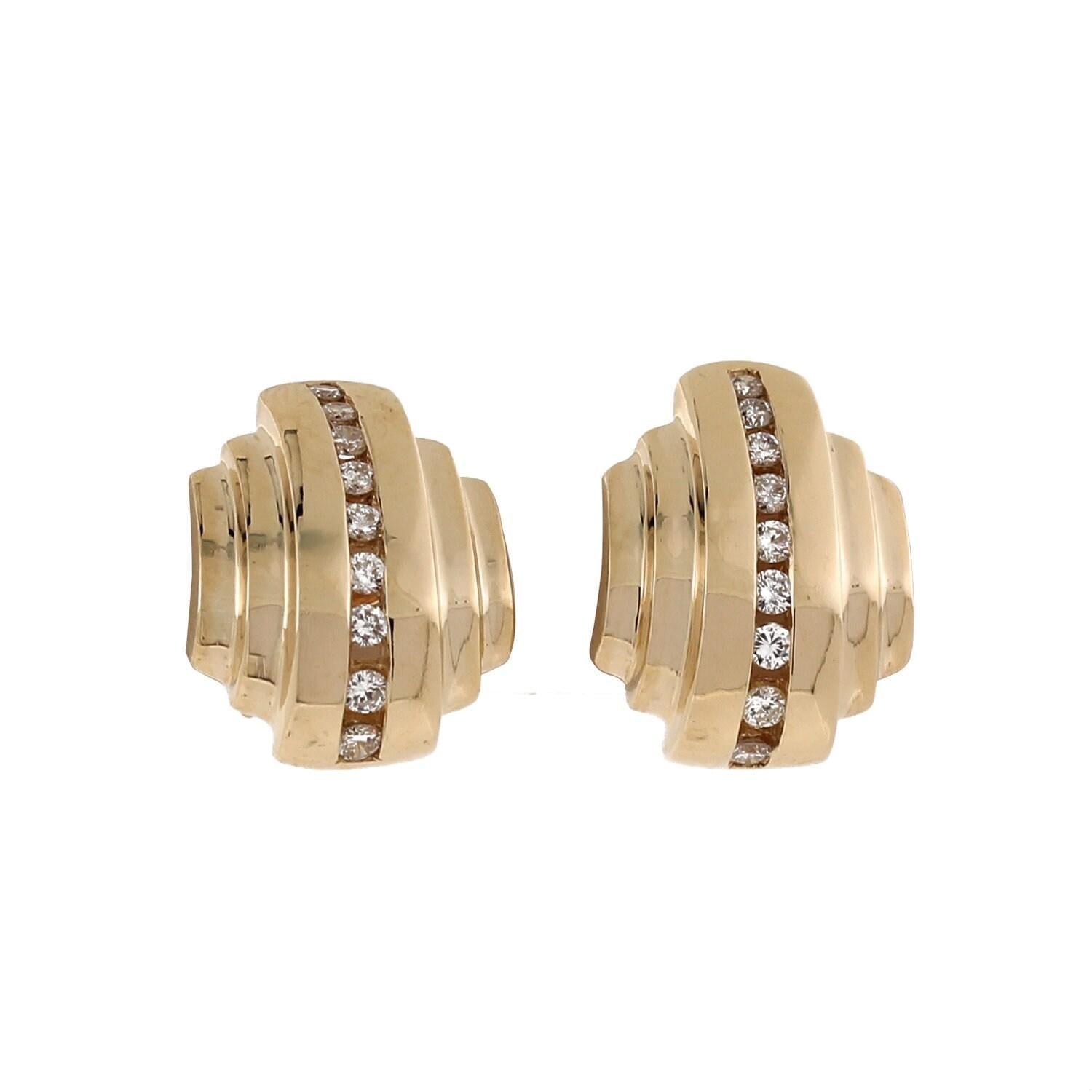 Diamond Barrel Omega Back Earrings 14K Yellow Gold 0.50 CTW 0.25" Estate