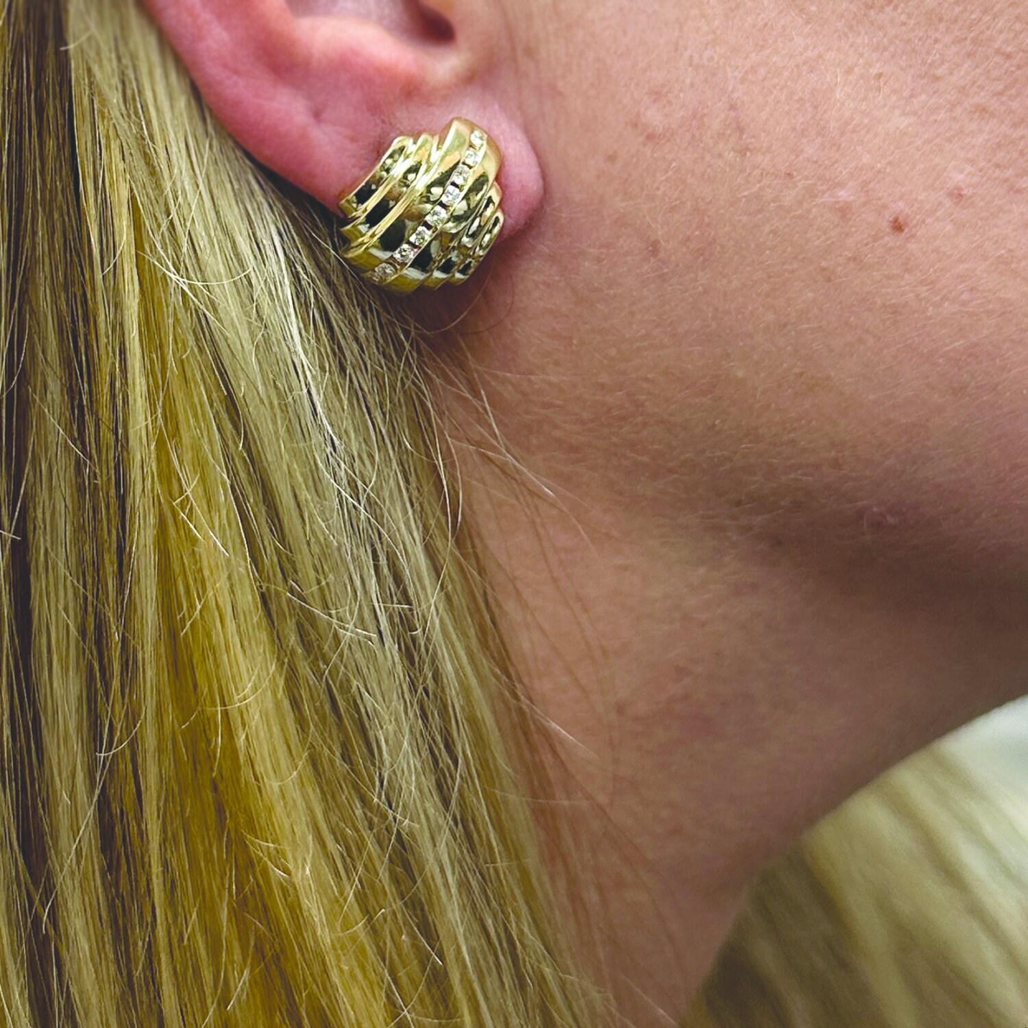 Diamond Barrel Omega Back Earrings 14K Yellow Gold 0.50 CTW 0.25" Estate