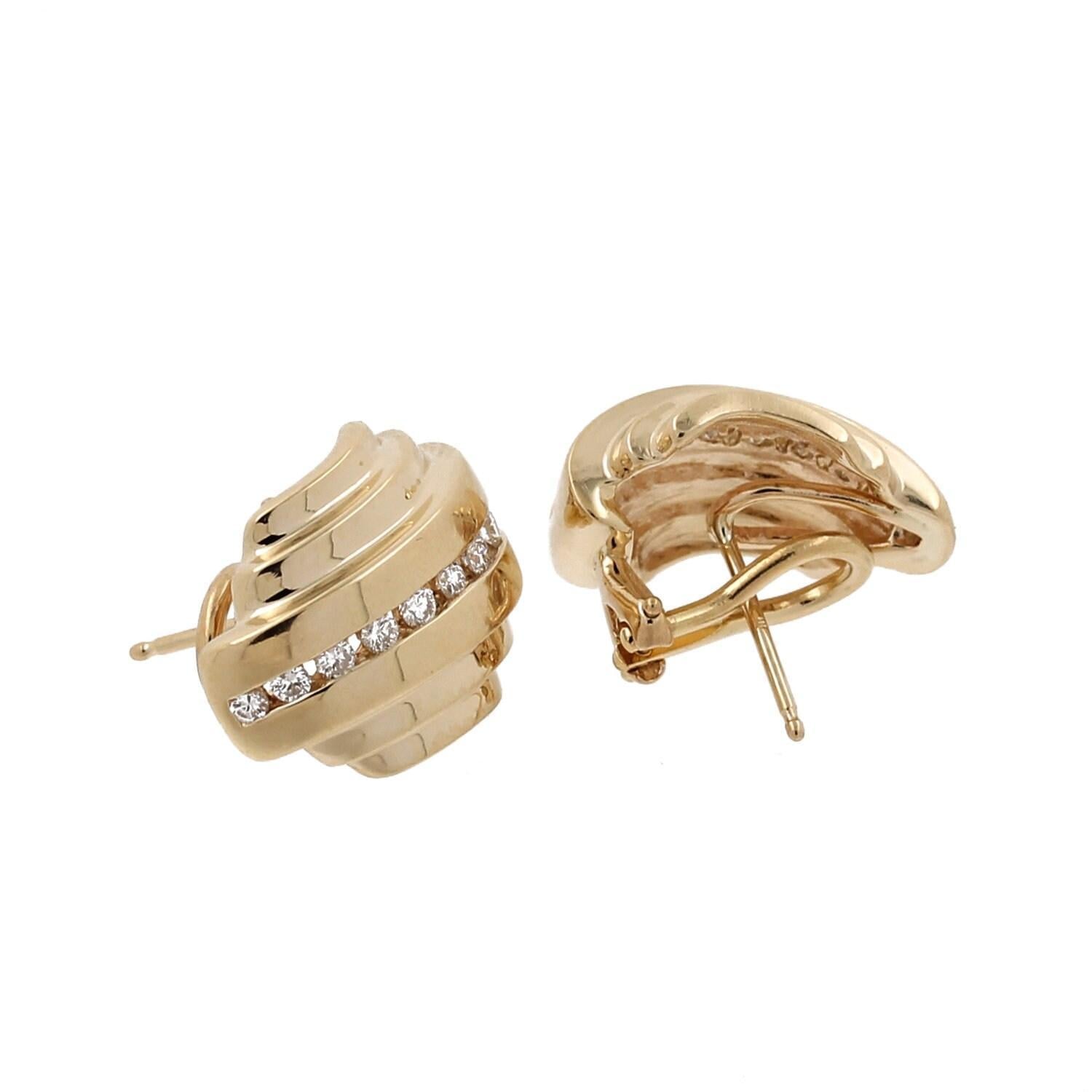 Diamond Barrel Omega Back Earrings 14K Yellow Gold 0.50 CTW 0.25" Estate