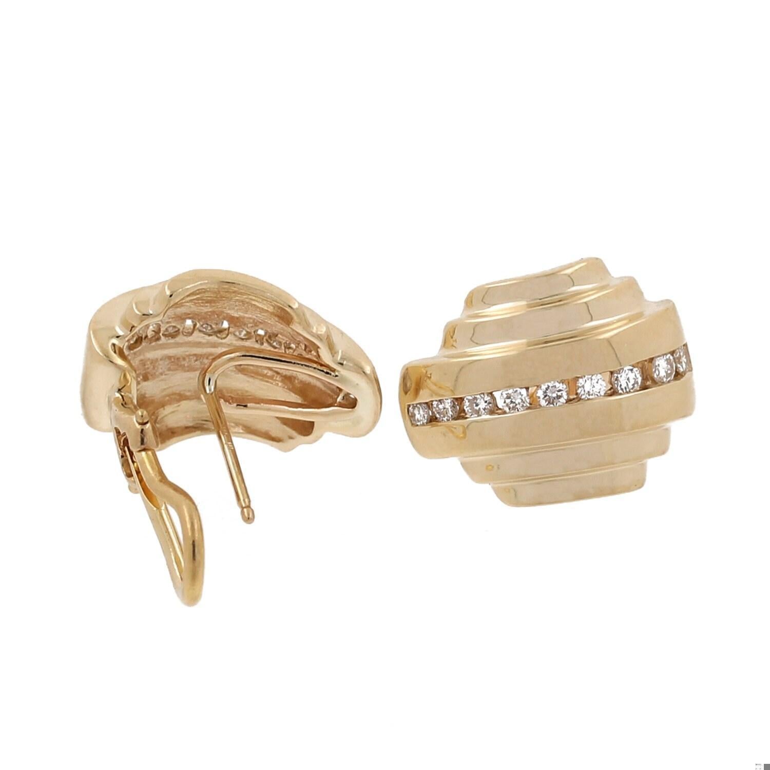 Diamond Barrel Omega Back Earrings 14K Yellow Gold 0.50 CTW 0.25" Estate